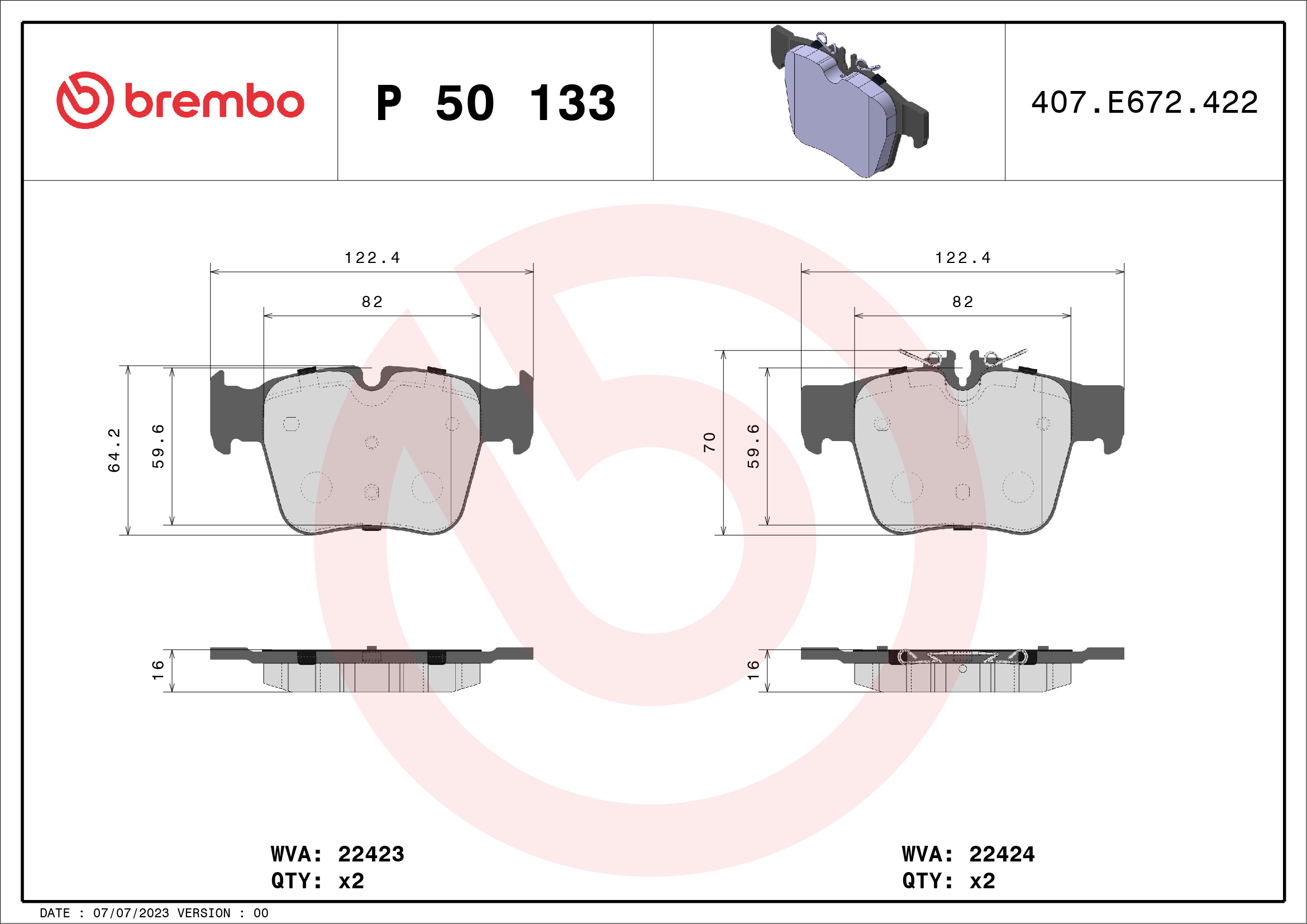 Brake Pad Set, disc brake - P 50 133 BREMBO