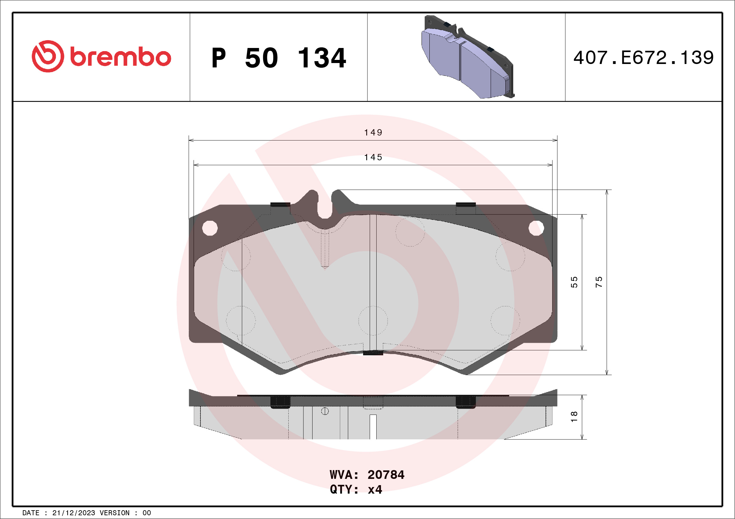 Brake Pad Set, disc brake - P 50 134 BREMBO