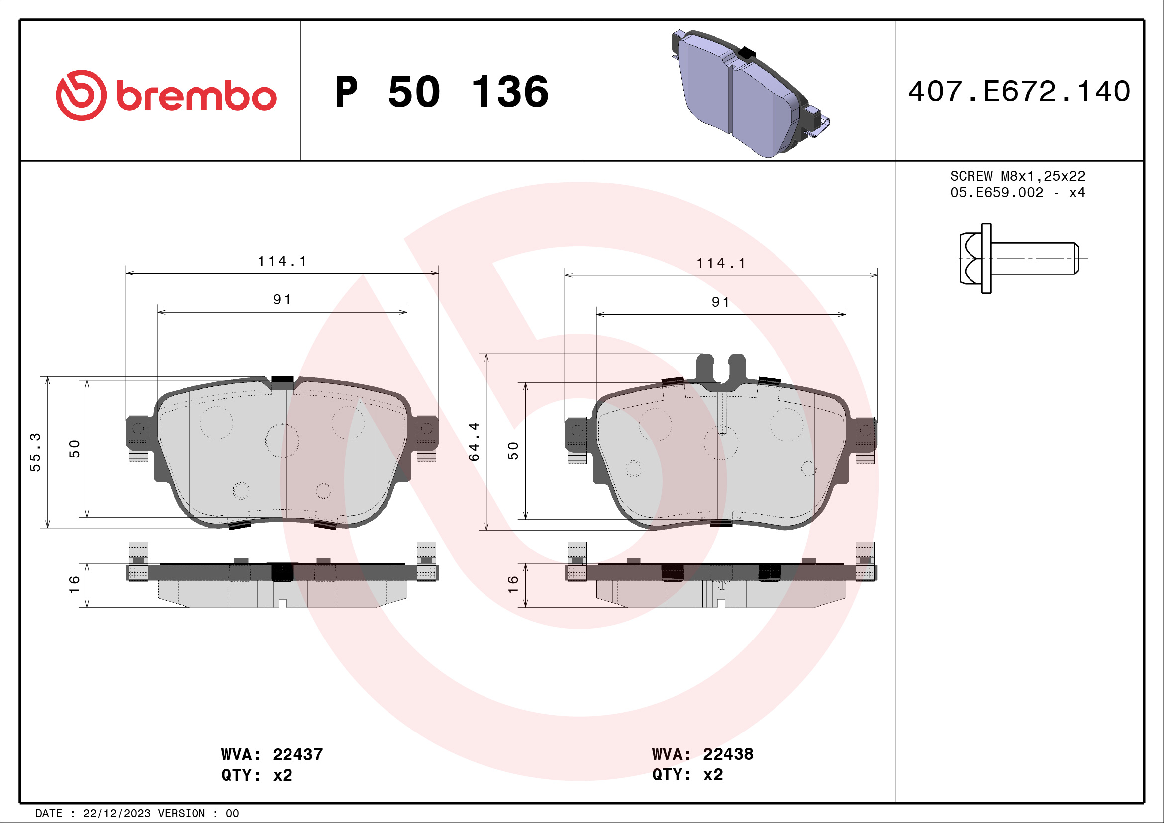 Комплект тормозных колодок, дисковый тормоз - P 50 136 BREMBO
