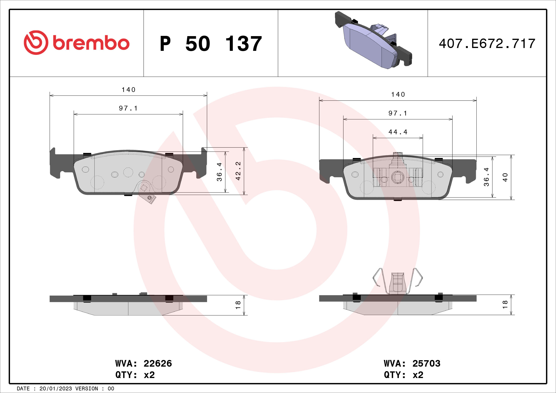 stabdžių trinkelių rinkinys, diskinis stabdys - P 50 137 BREMBO