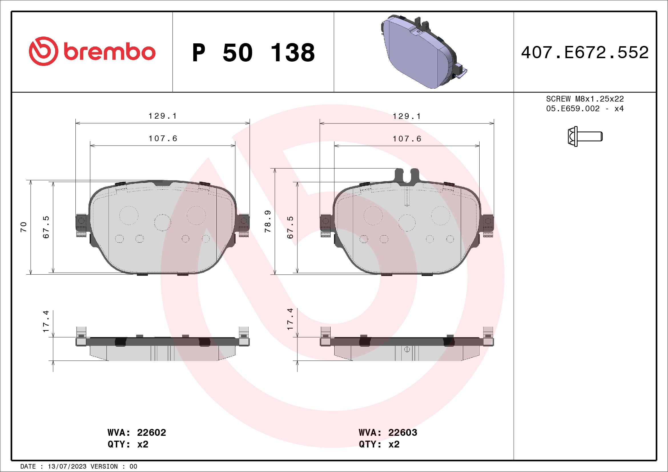 Kit pastiglie freno, Freno a disco - P 50 138 BREMBO