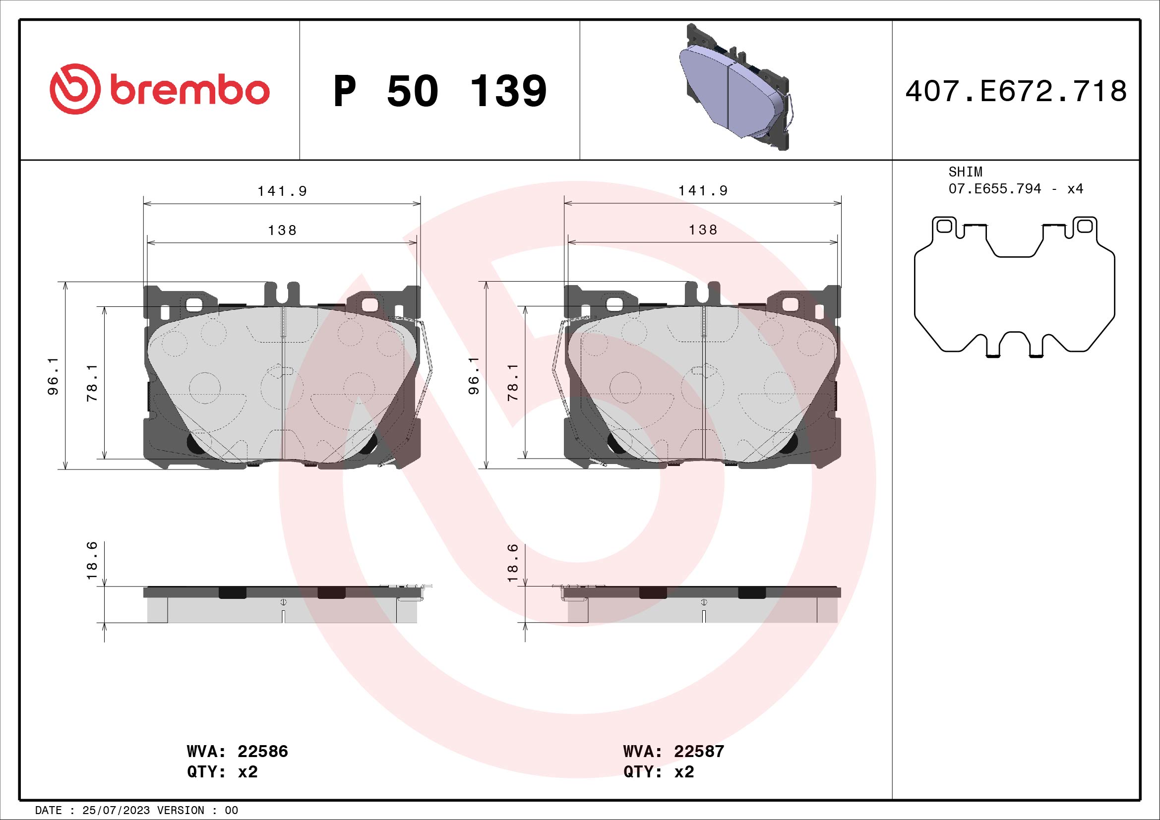 Комплект тормозных колодок, дисковый тормоз - P 50 139 BREMBO