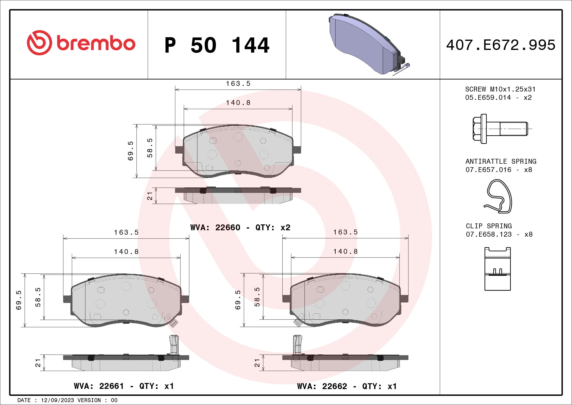 Brake Pad Set, disc brake - P 50 144 BREMBO