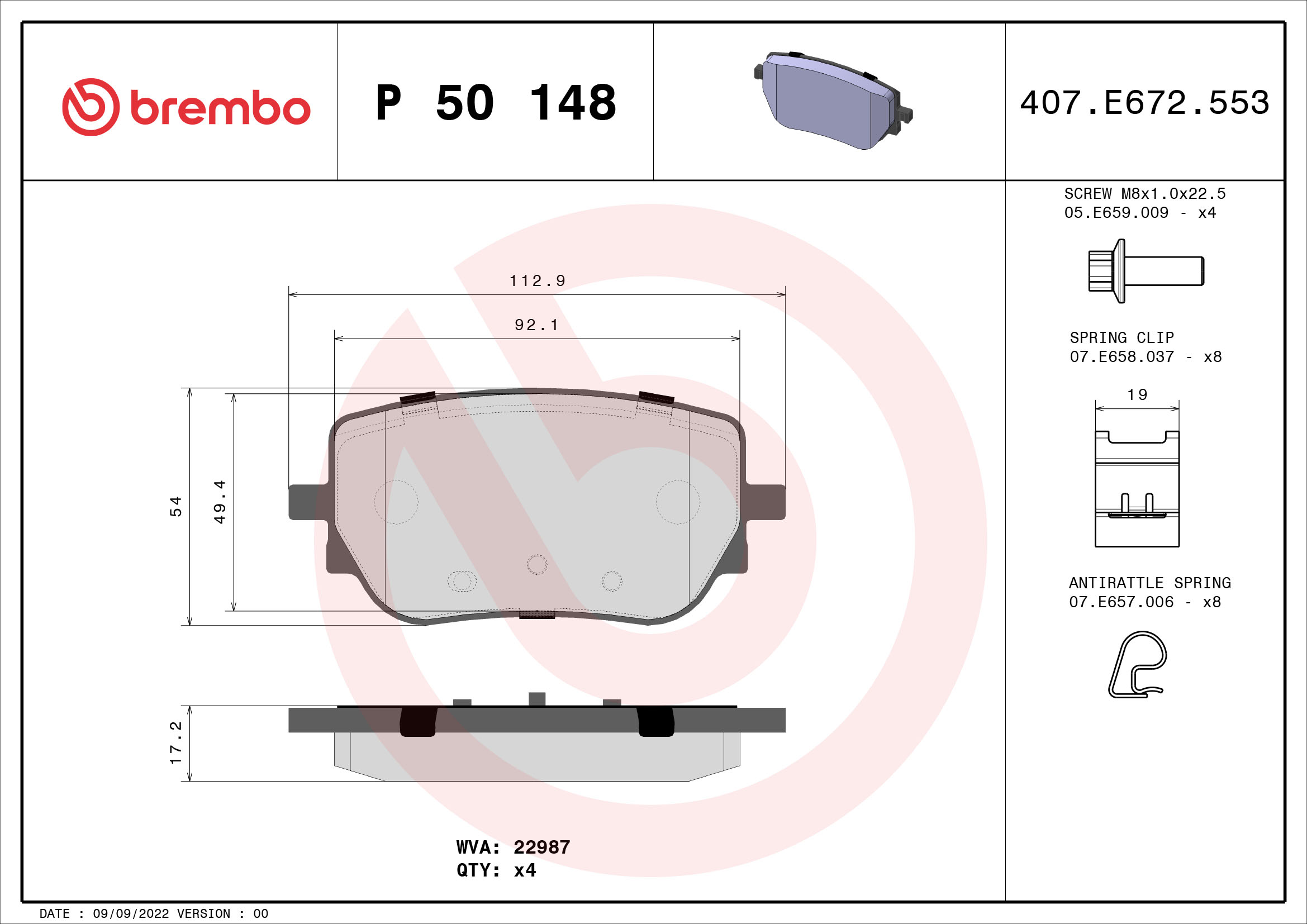 Brake Pad Set, disc brake - P 50 148 BREMBO