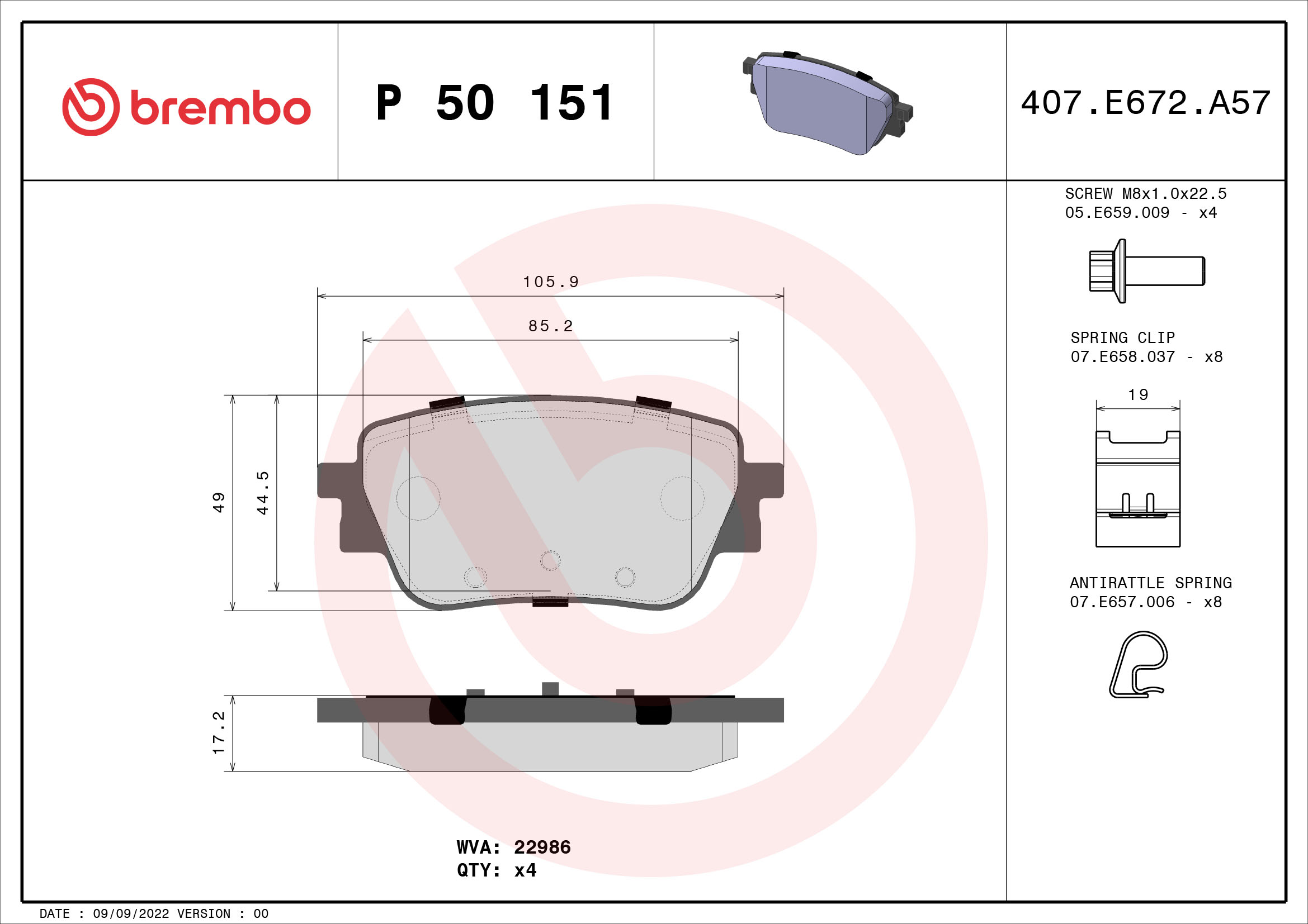 Brake Pad Set, disc brake - P 50 151 BREMBO