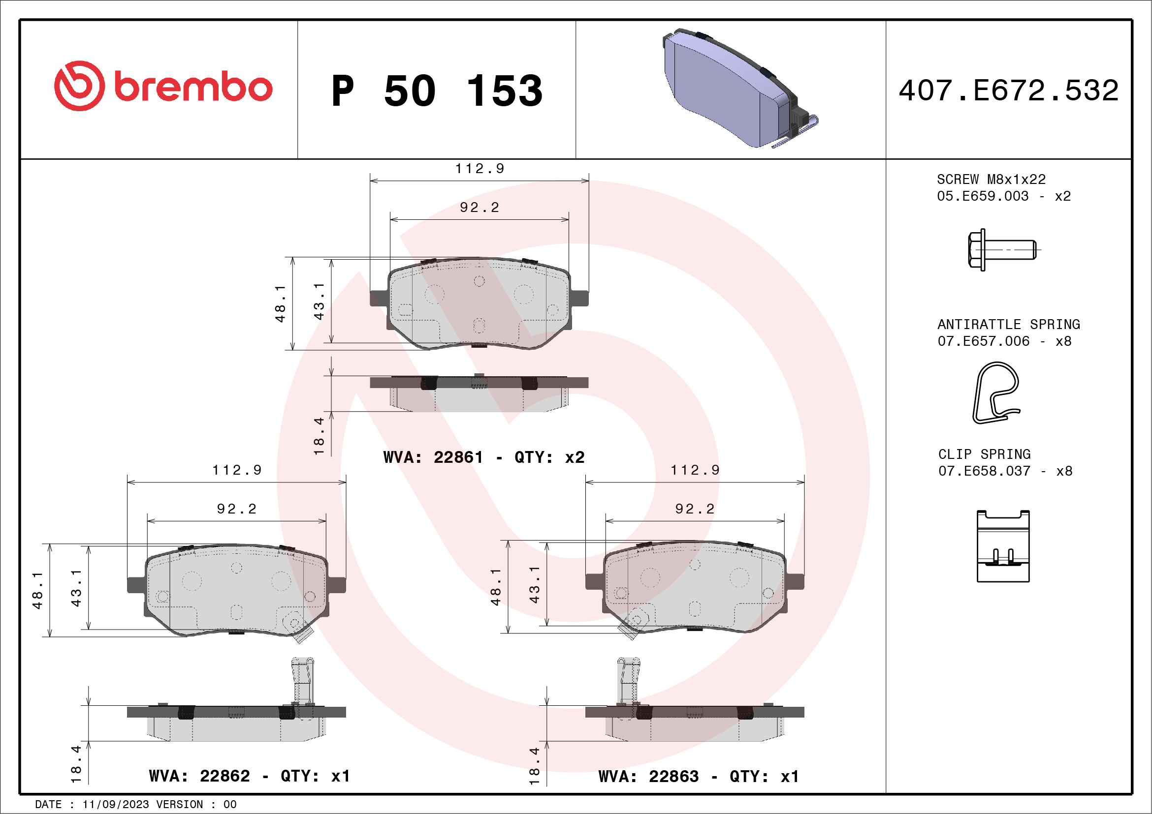 Brake Pad Set, disc brake - P 50 153 BREMBO