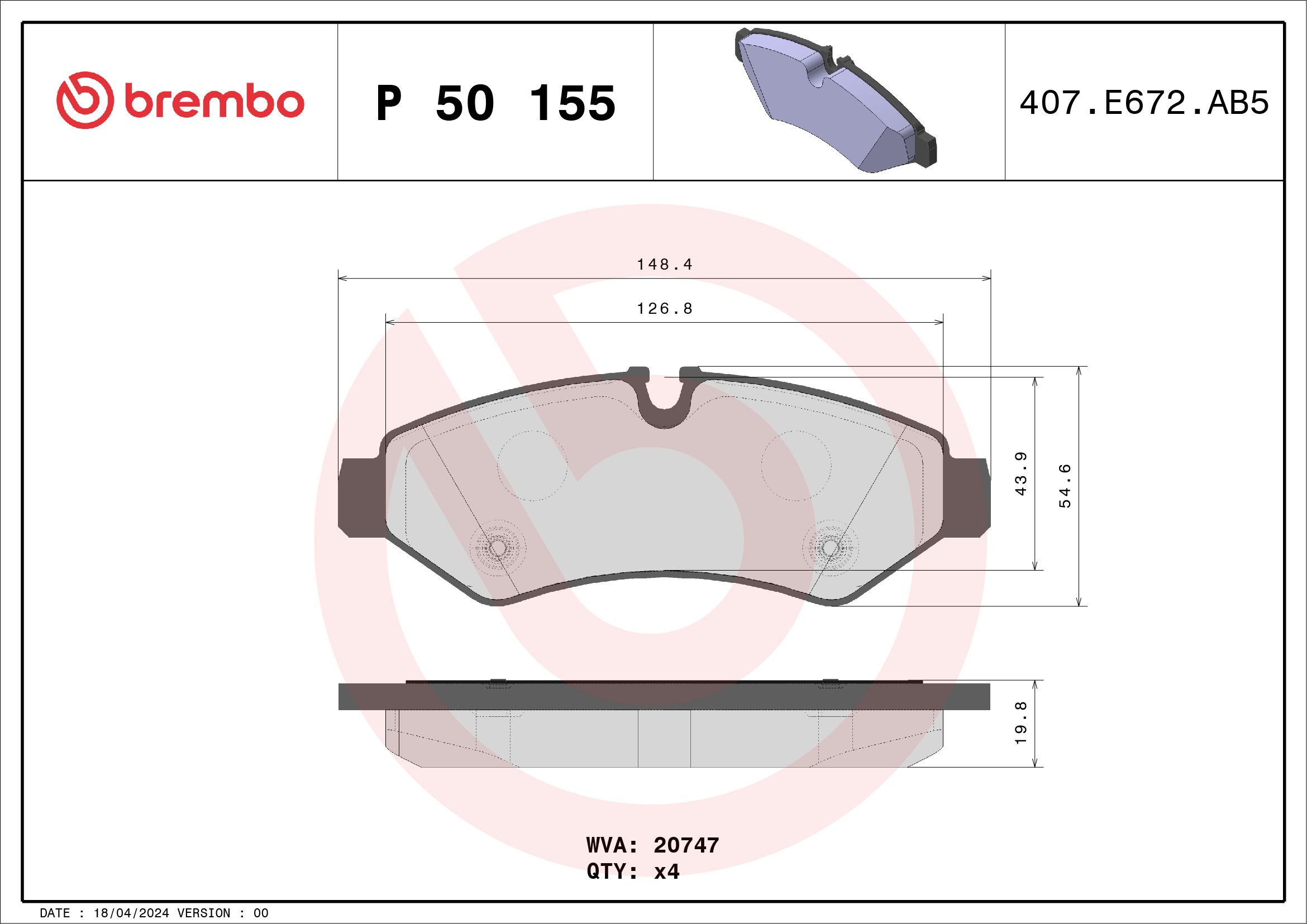 Brake Pad Set, disc brake - P 50 155 BREMBO