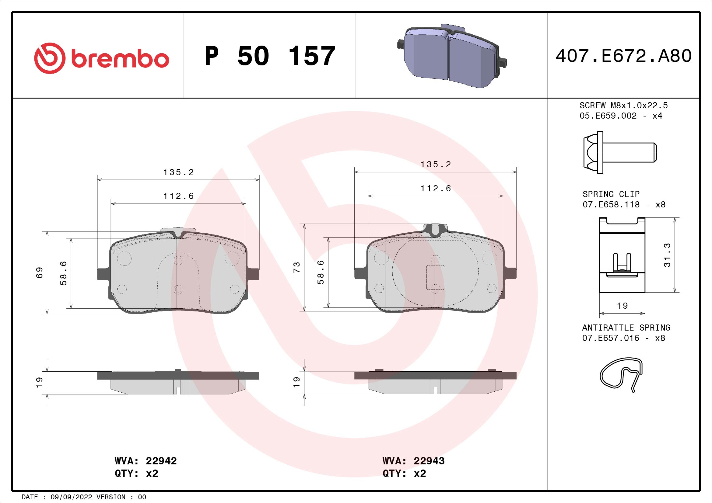 Brake Pad Set, disc brake - P 50 157 BREMBO