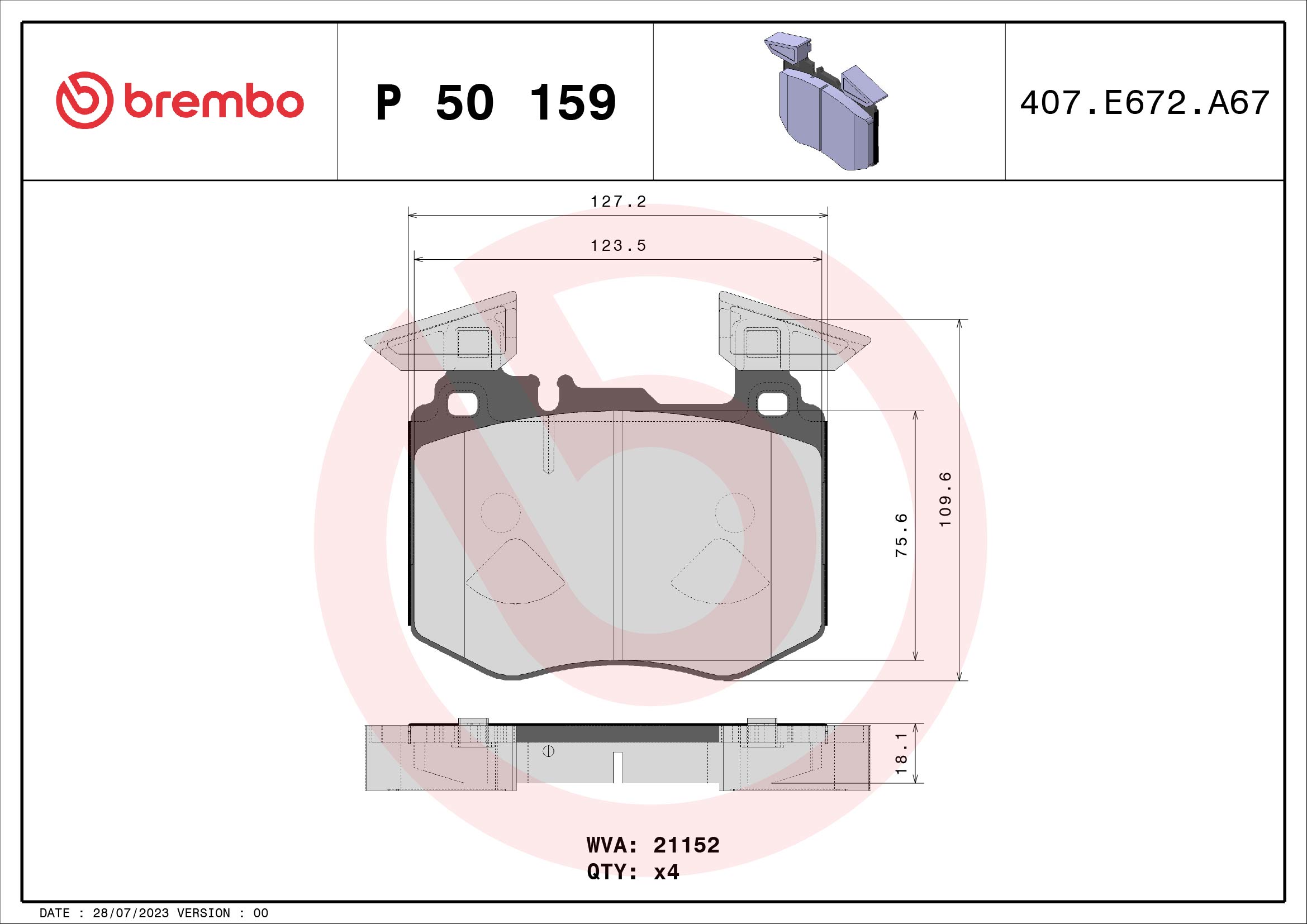 Комплект тормозных колодок, дисковый тормоз - P 50 159 BREMBO