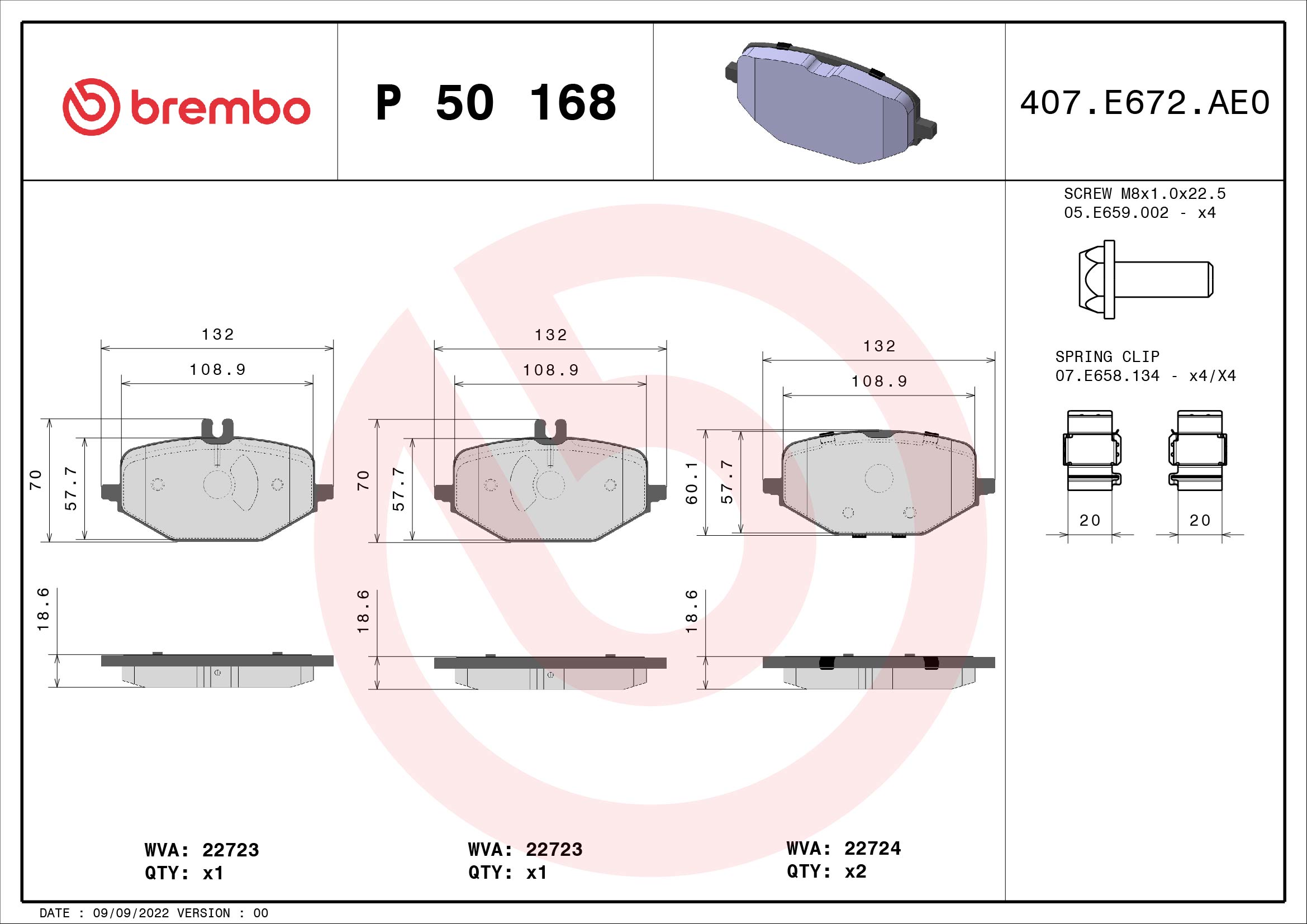 stabdžių trinkelių rinkinys, diskinis stabdys - P 50 168 BREMBO