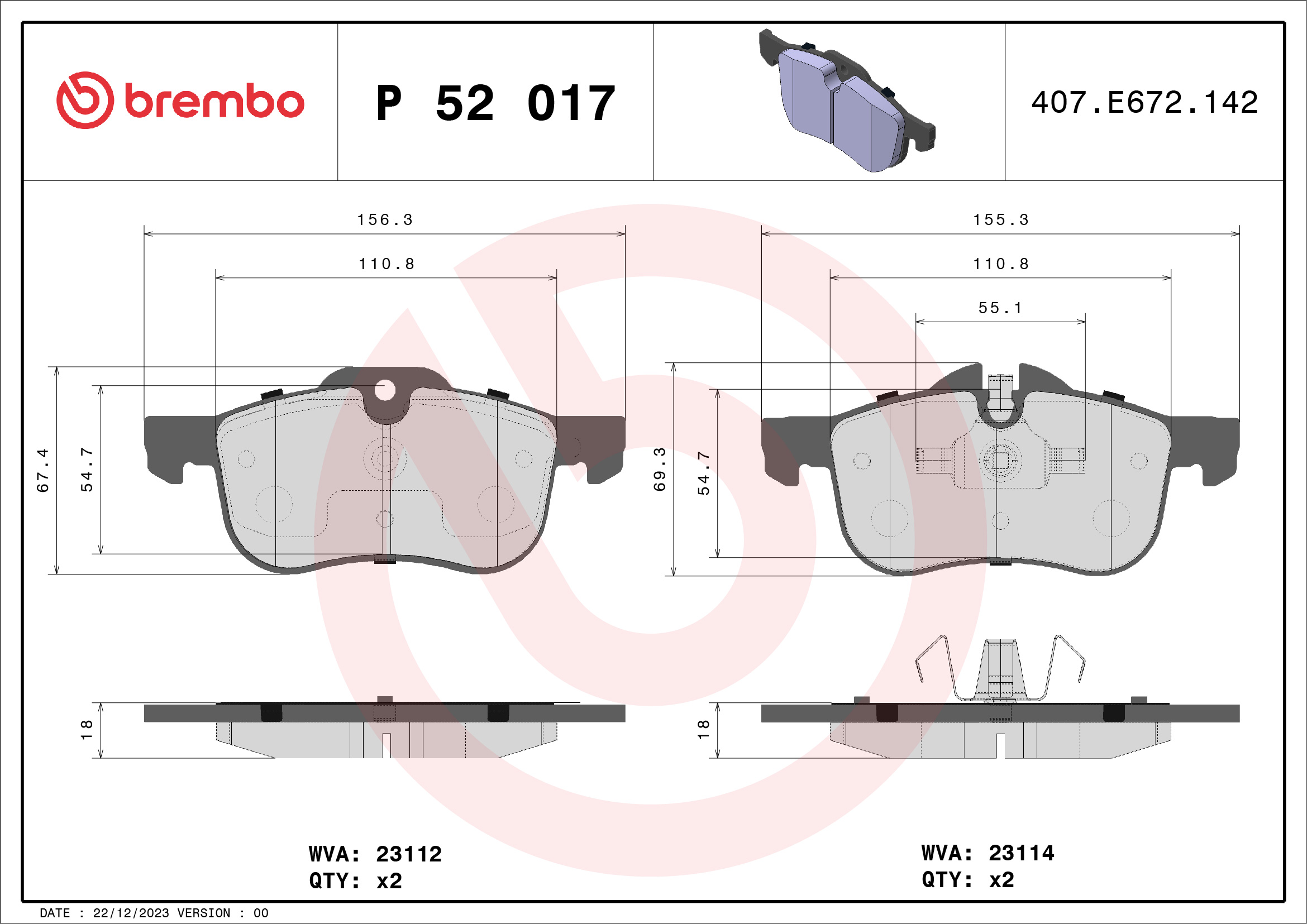 Комплект тормозных колодок, дисковый тормоз - P 52 017 BREMBO