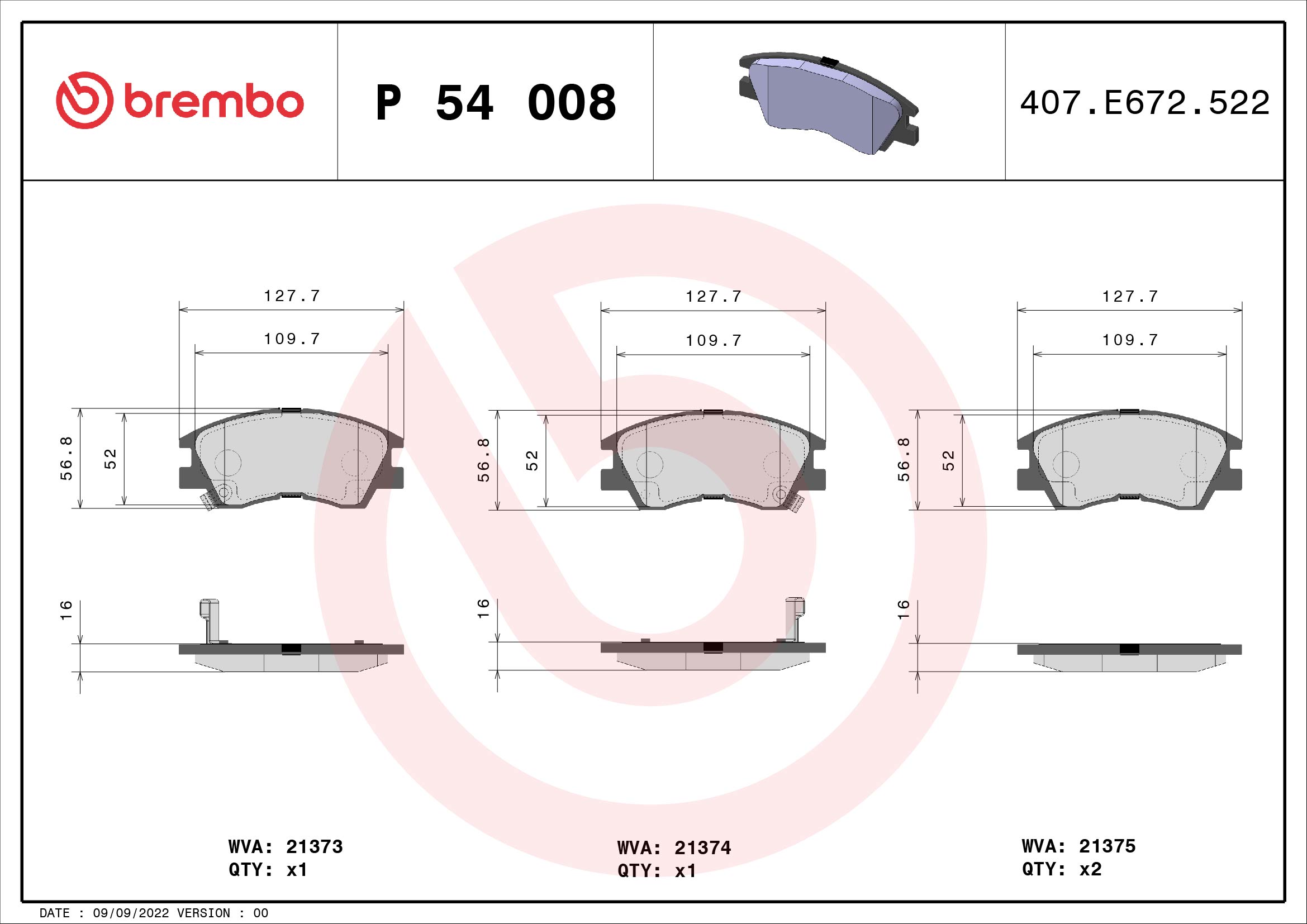 Brake Pad Set, disc brake - P 54 008 BREMBO