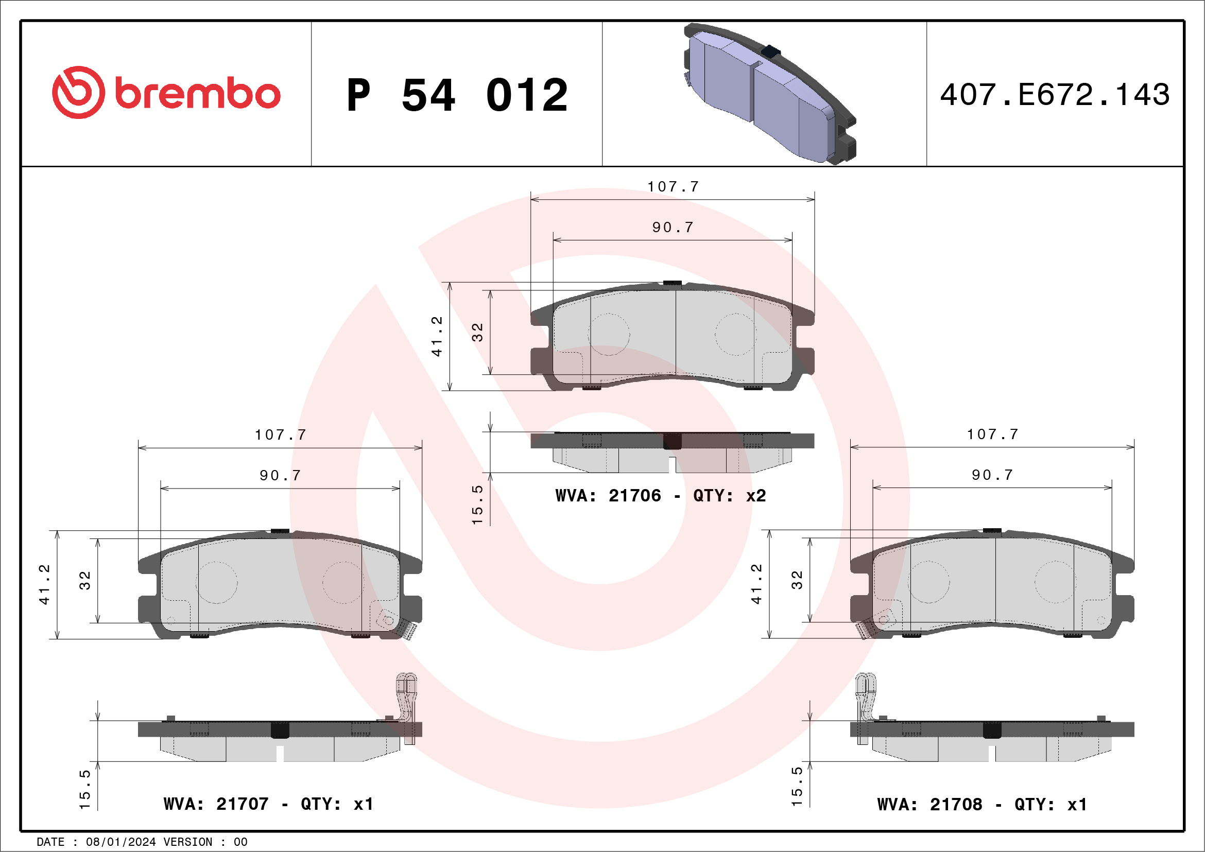 Комплект тормозных колодок, дисковый тормоз - P 54 012 BREMBO