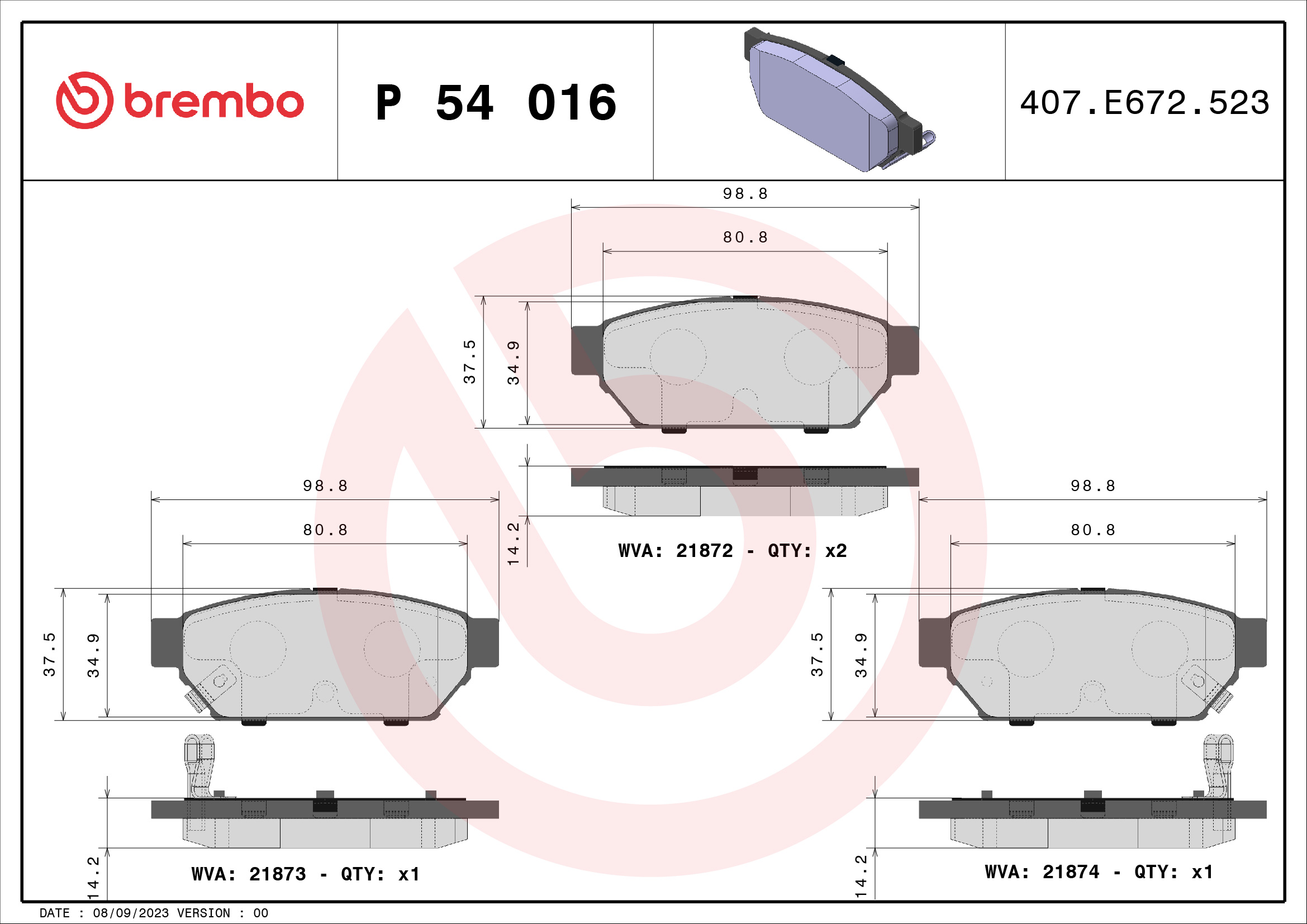 stabdžių trinkelių rinkinys, diskinis stabdys - P 54 016 BREMBO