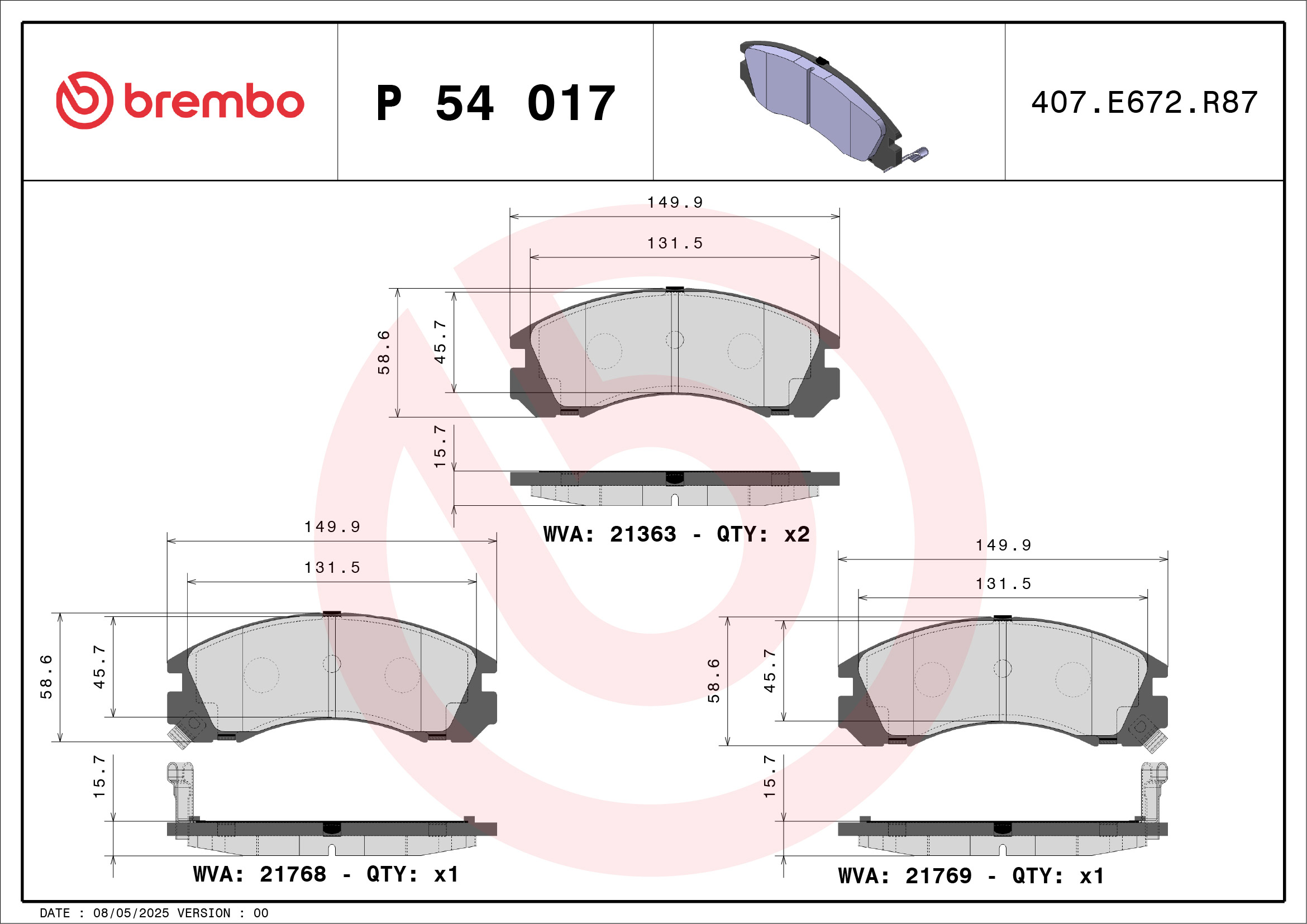 Brake Pad Set, disc brake - P 54 017 BREMBO