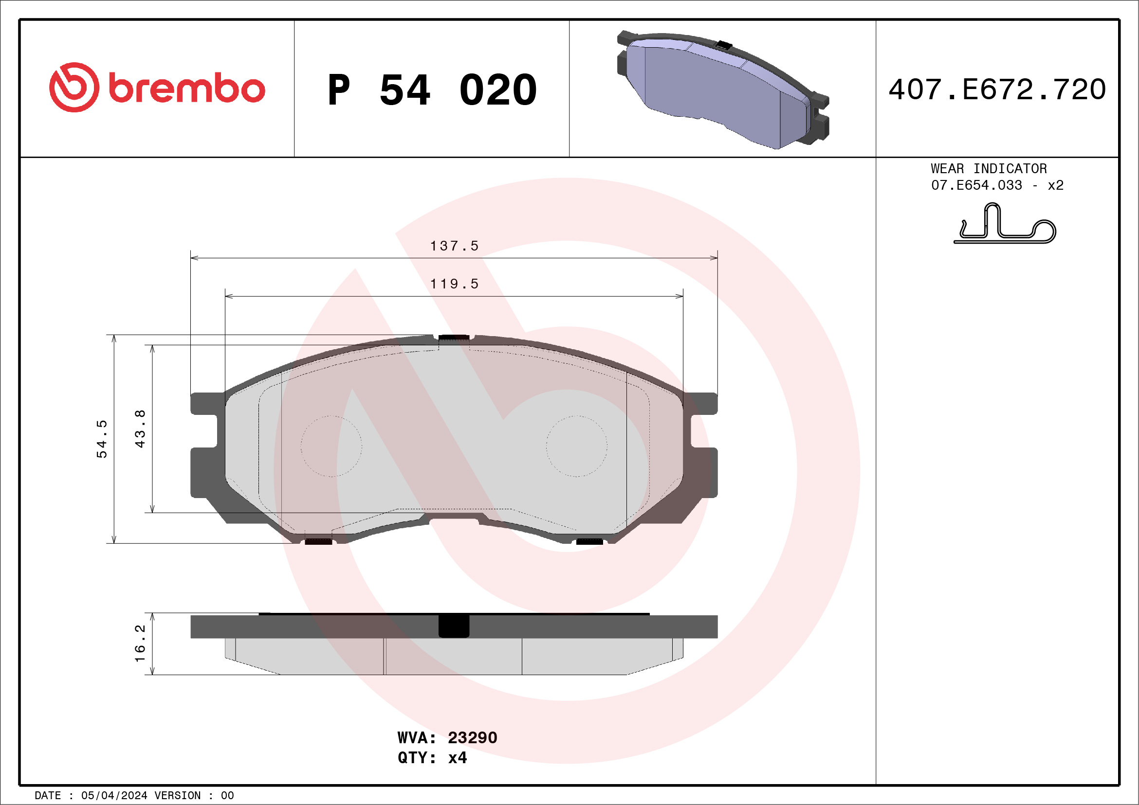 stabdžių trinkelių rinkinys, diskinis stabdys - P 54 020 BREMBO
