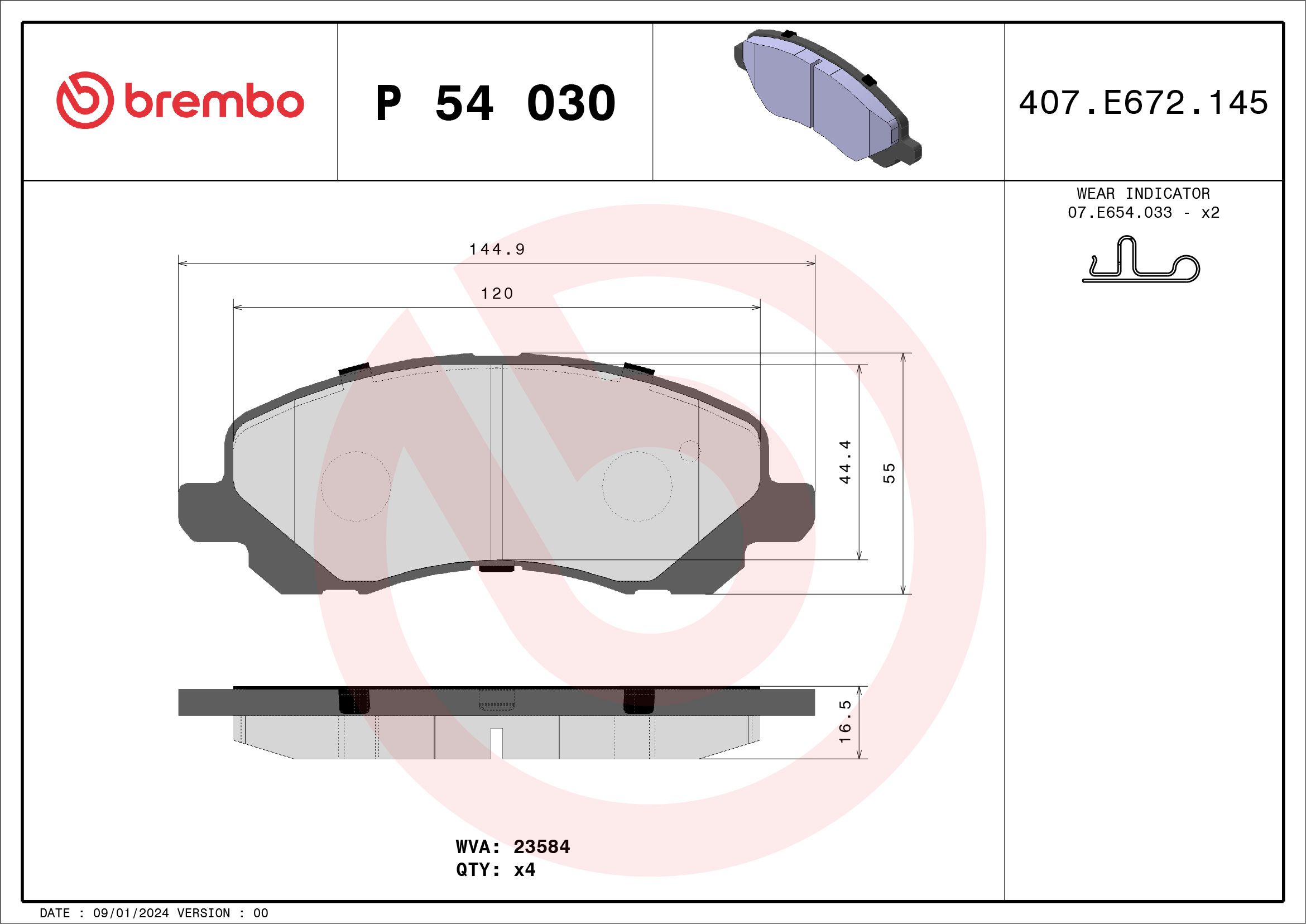 Brake Pad Set, disc brake - P 54 030 BREMBO
