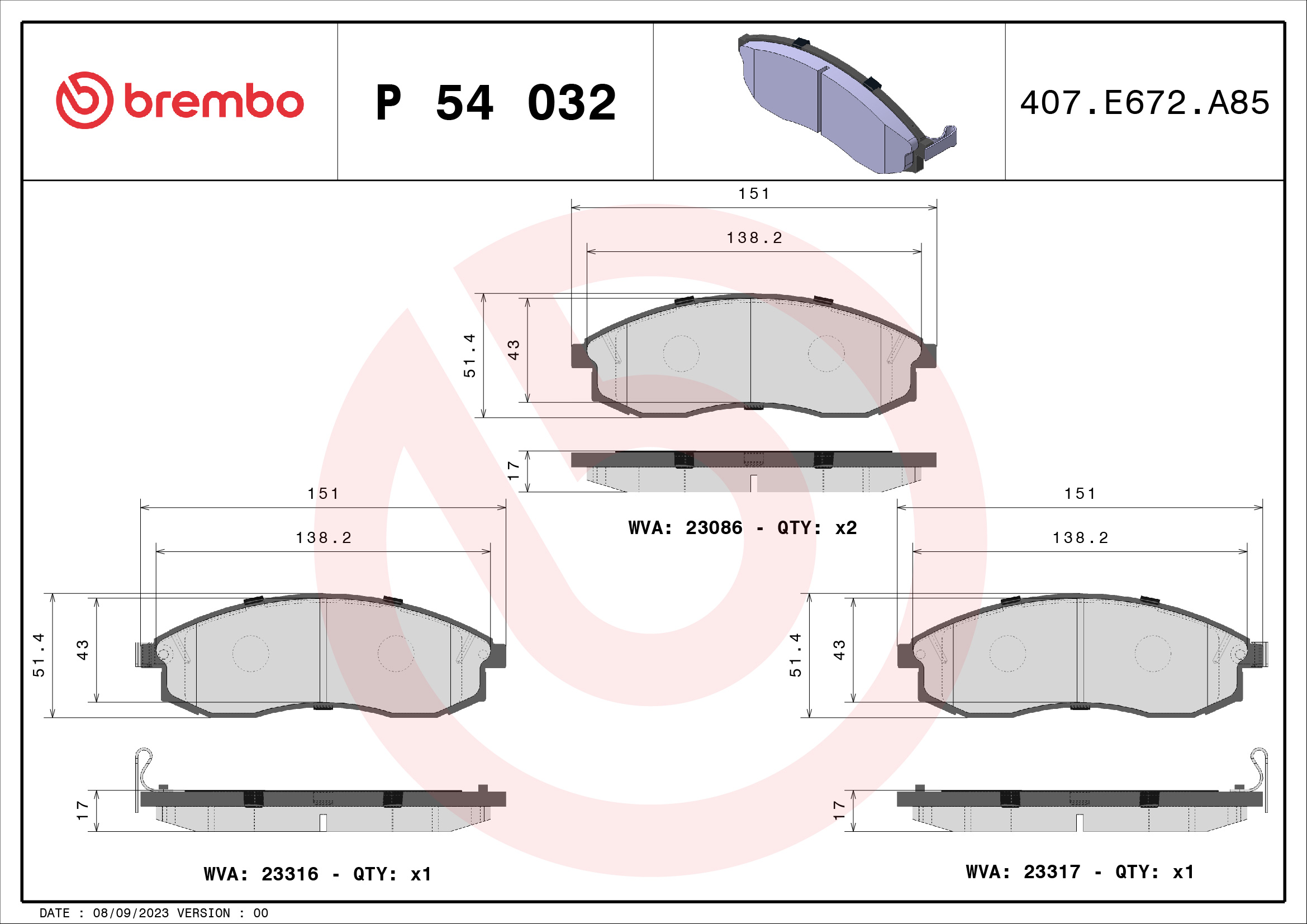 Brake Pad Set, disc brake - P 54 032 BREMBO