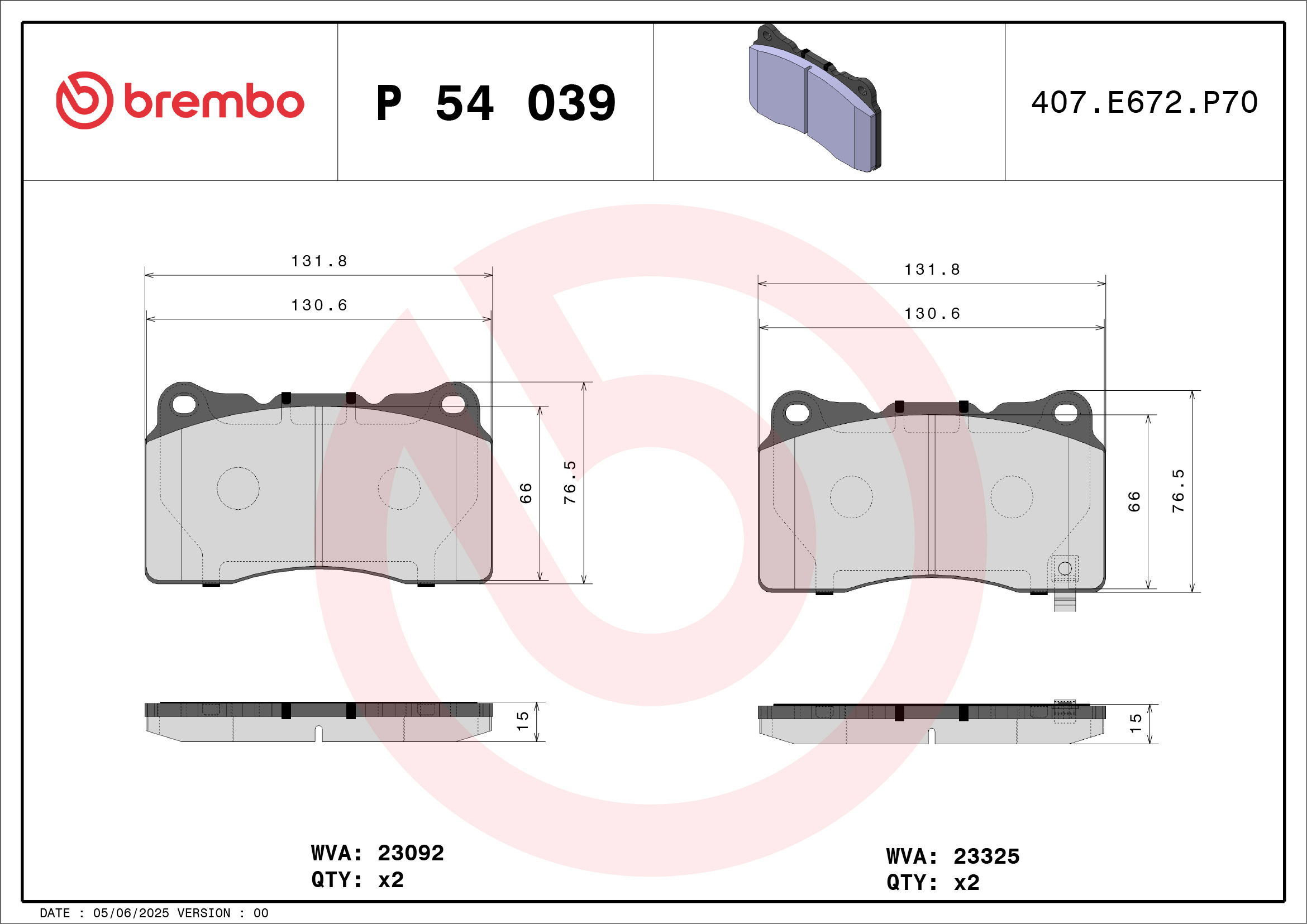 Kit pastiglie freno, Freno a disco - P 54 039 BREMBO