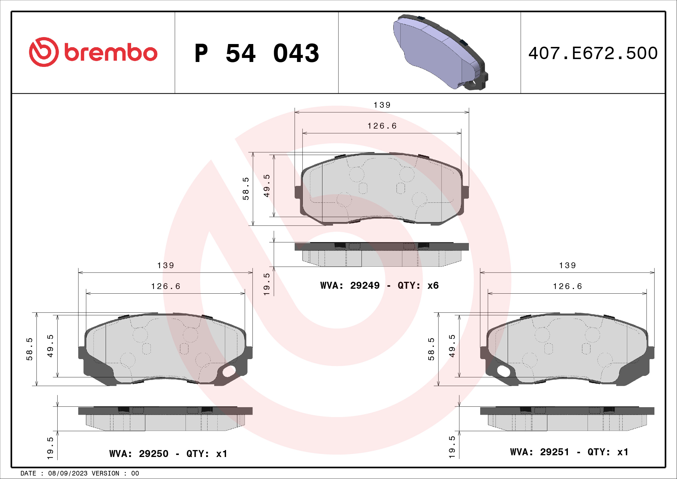 Комплект тормозных колодок, дисковый тормоз - P 54 043 BREMBO