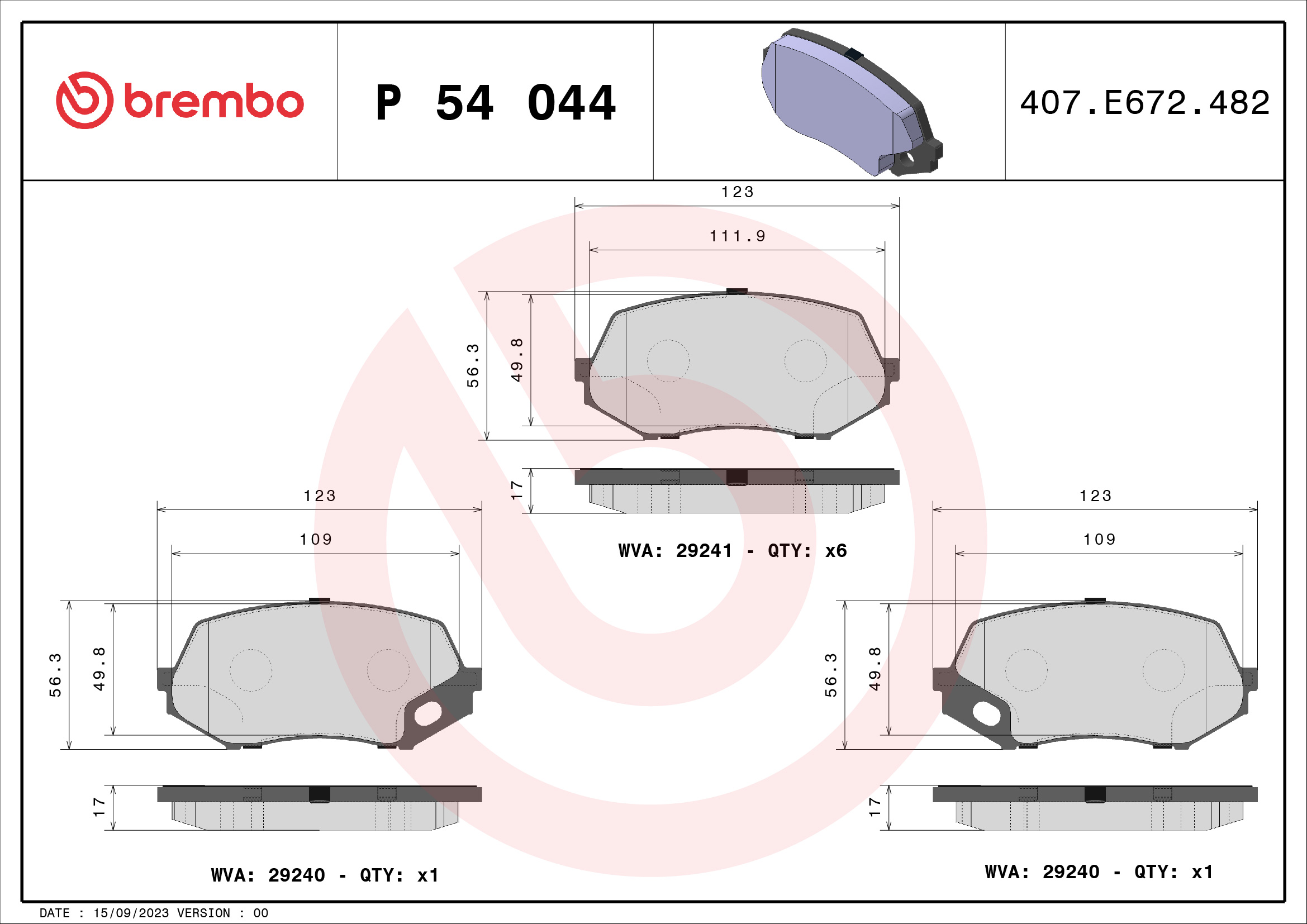 Комплект тормозных колодок, дисковый тормоз - P 54 044 BREMBO