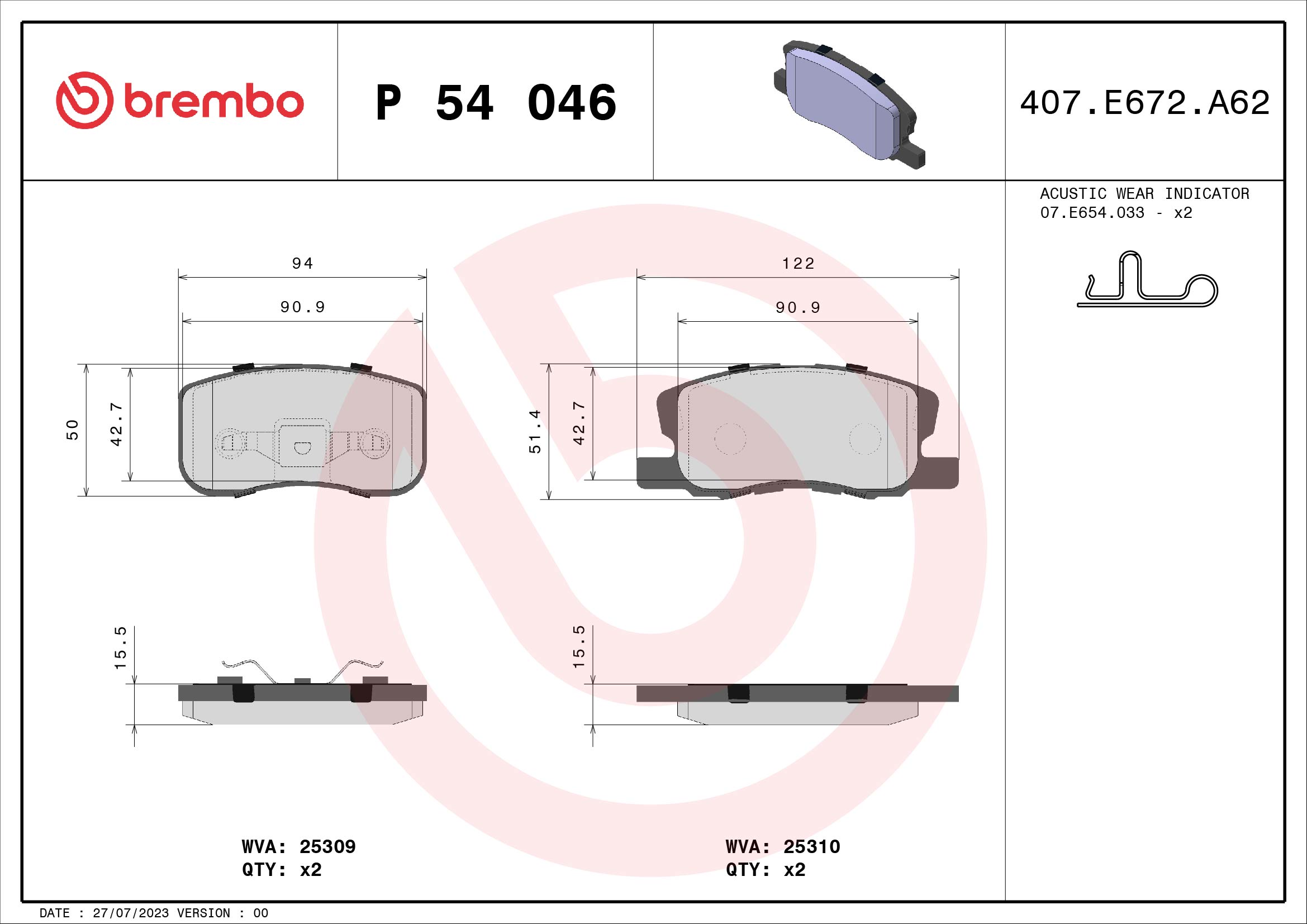 Kit pastiglie freno, Freno a disco - P 54 046 BREMBO