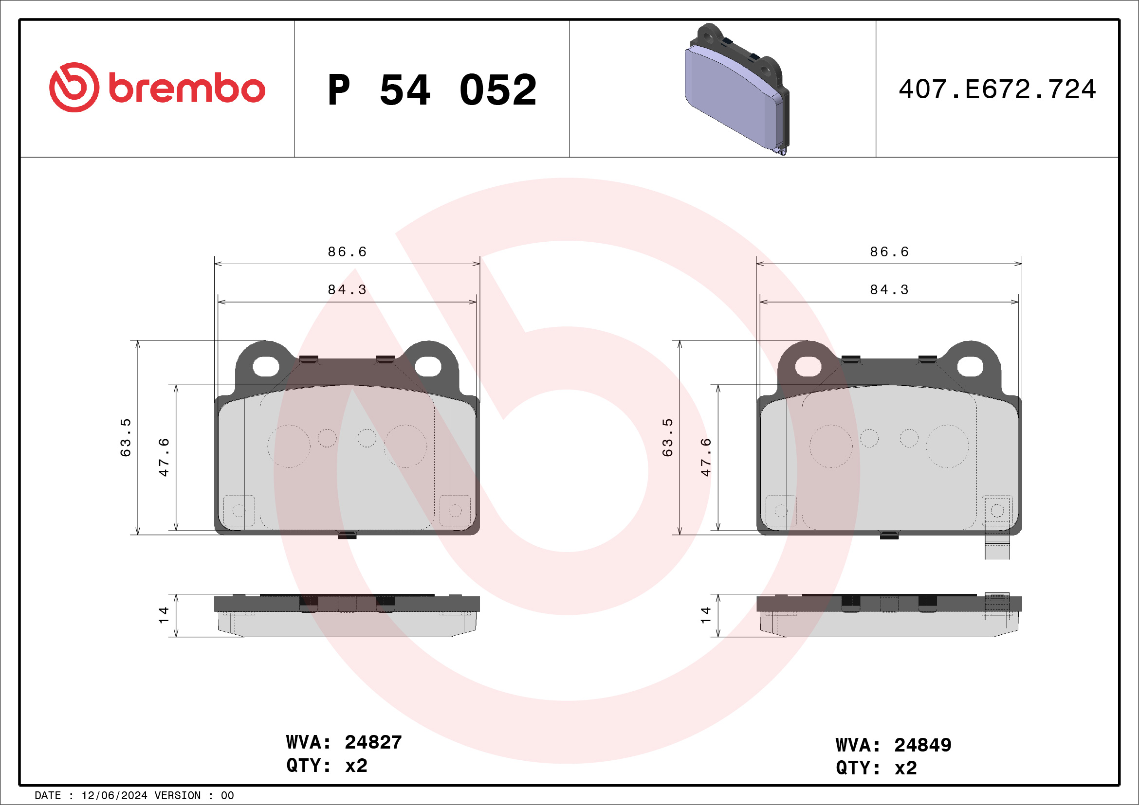 Brake Pad Set, disc brake - P 54 052 BREMBO