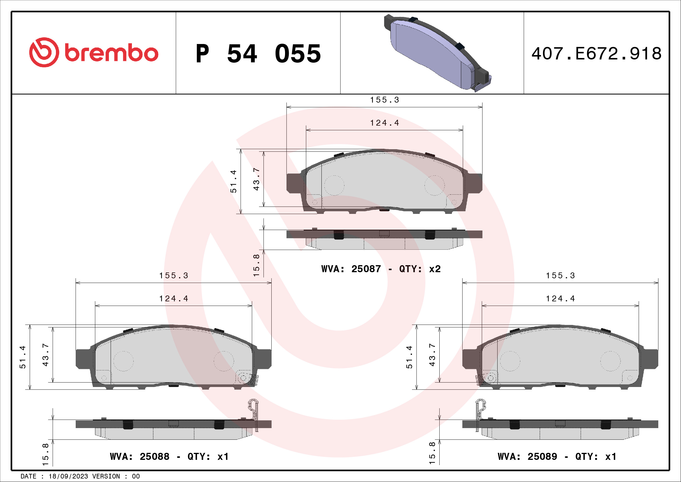 Комплект тормозных колодок, дисковый тормоз - P 54 055 BREMBO