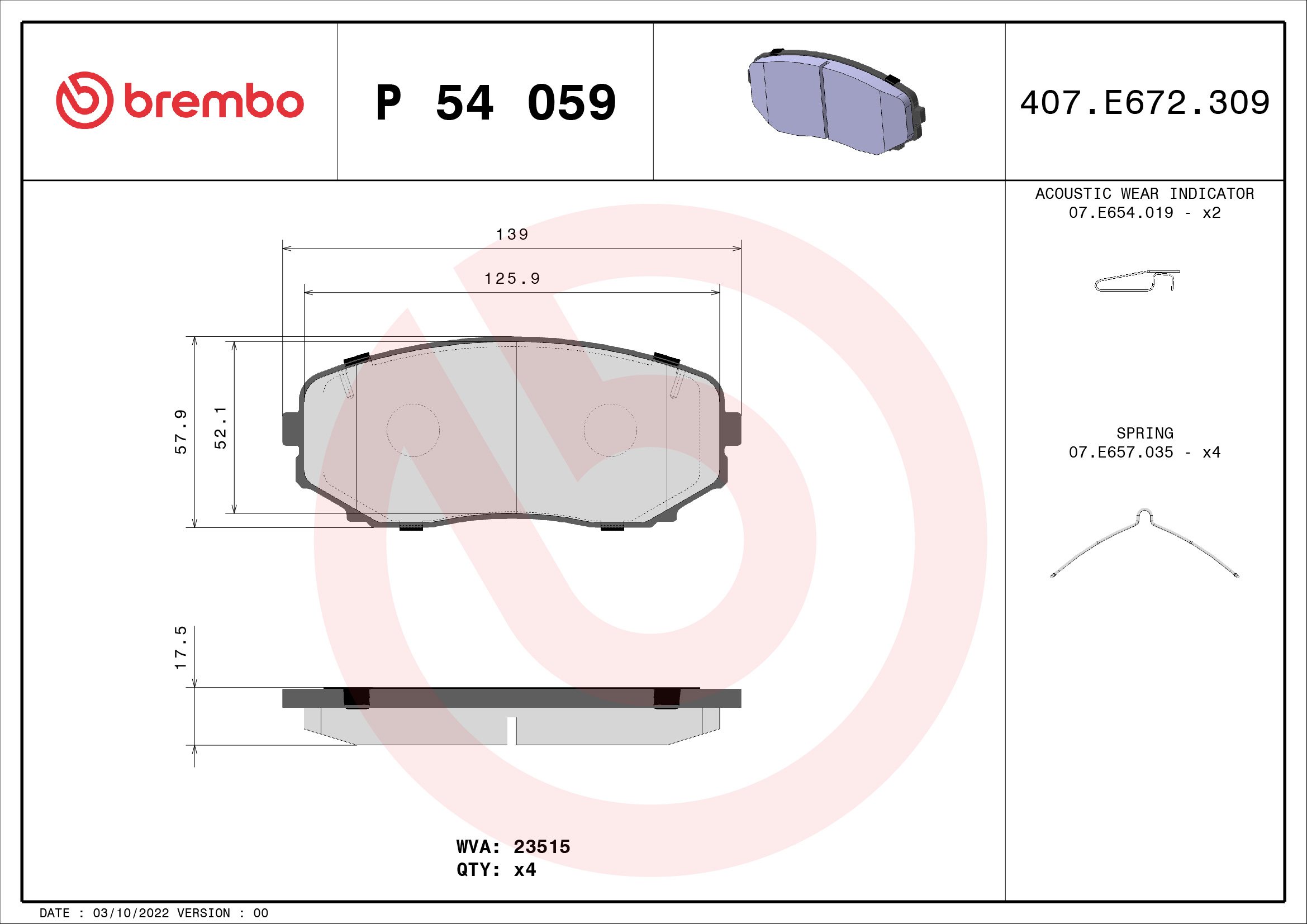 Kit pastiglie freno, Freno a disco - P 54 059 BREMBO