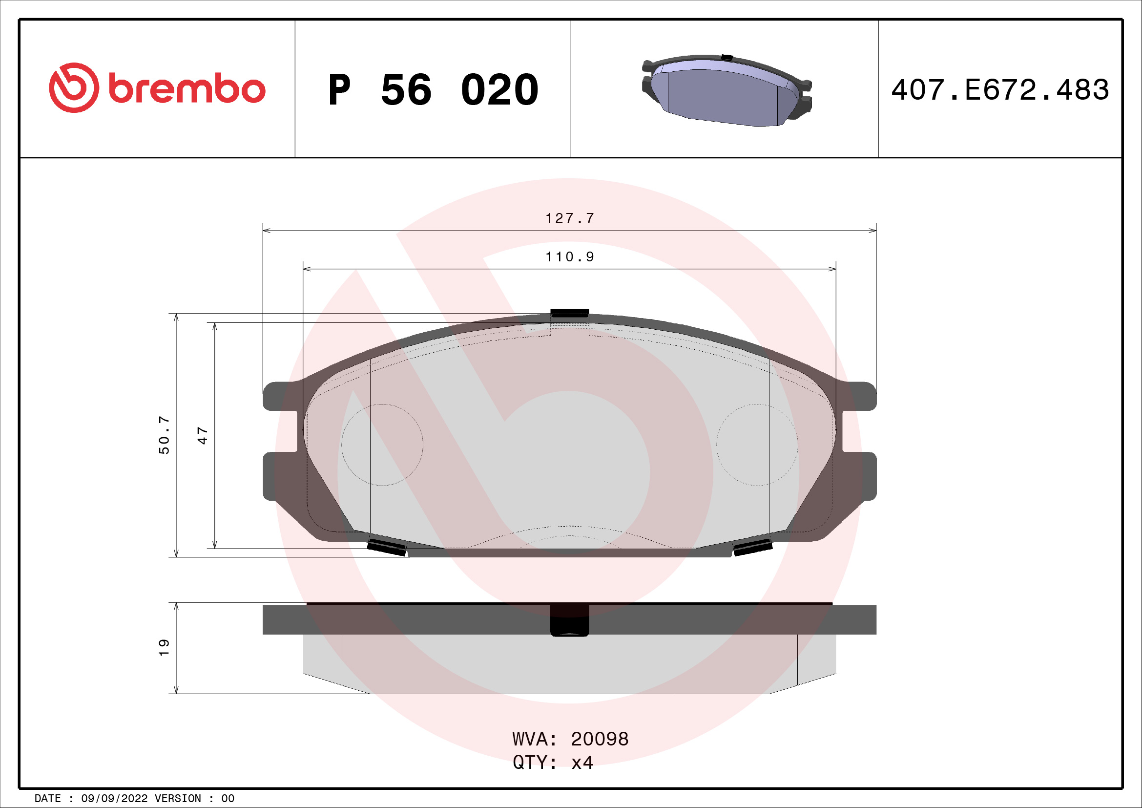 Brake Pad Set, disc brake - P 56 020 BREMBO