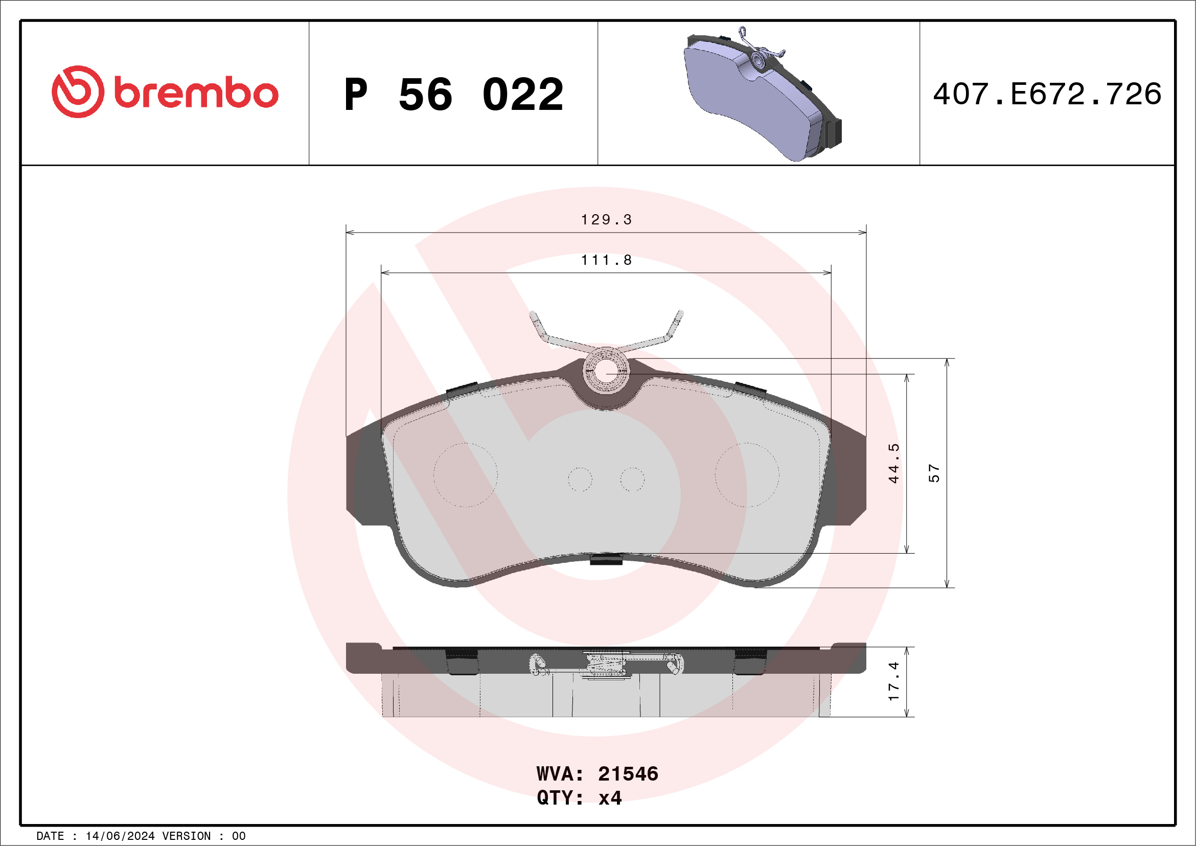 Brake Pad Set, disc brake - P 56 022 BREMBO