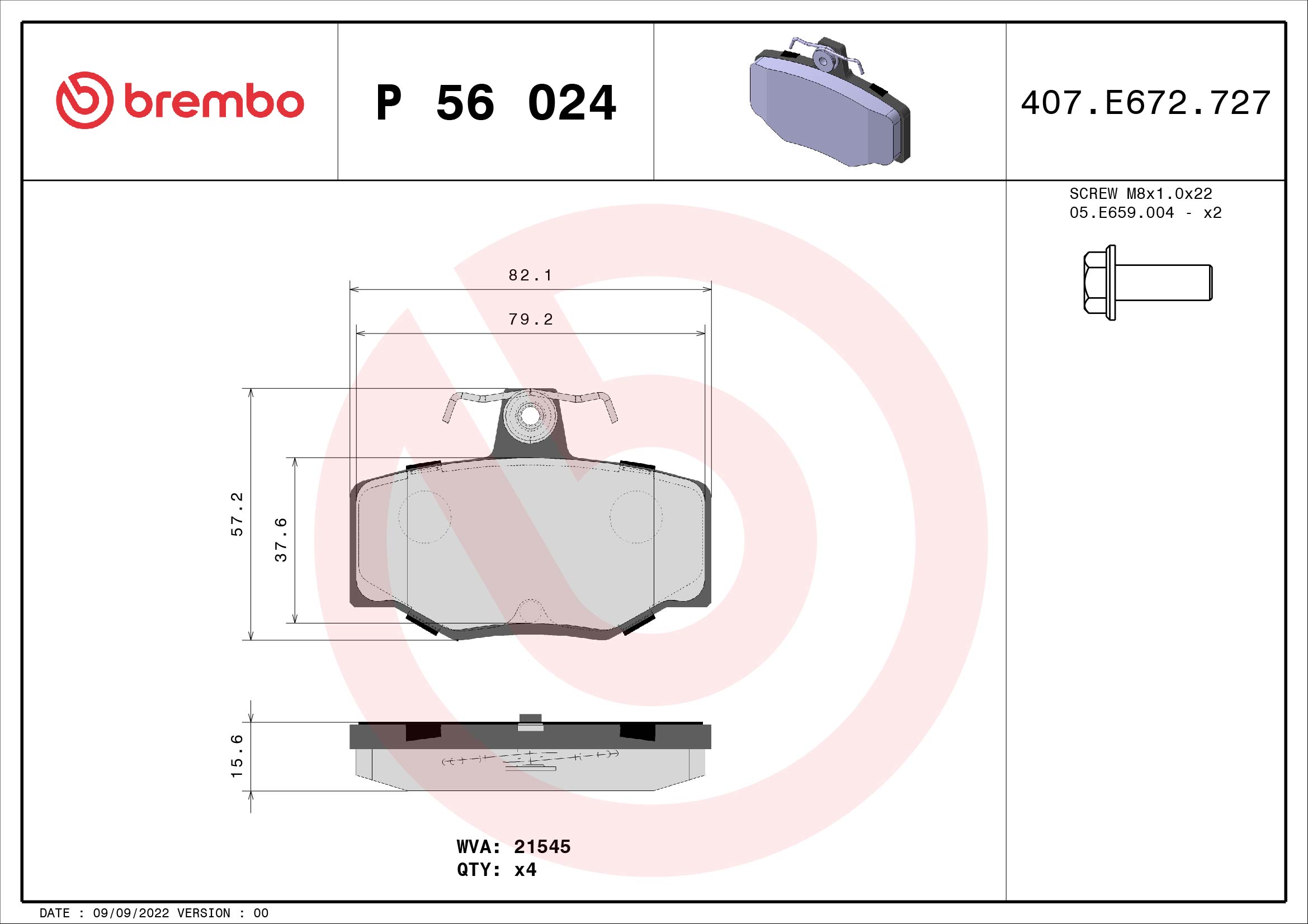stabdžių trinkelių rinkinys, diskinis stabdys - P 56 024 BREMBO