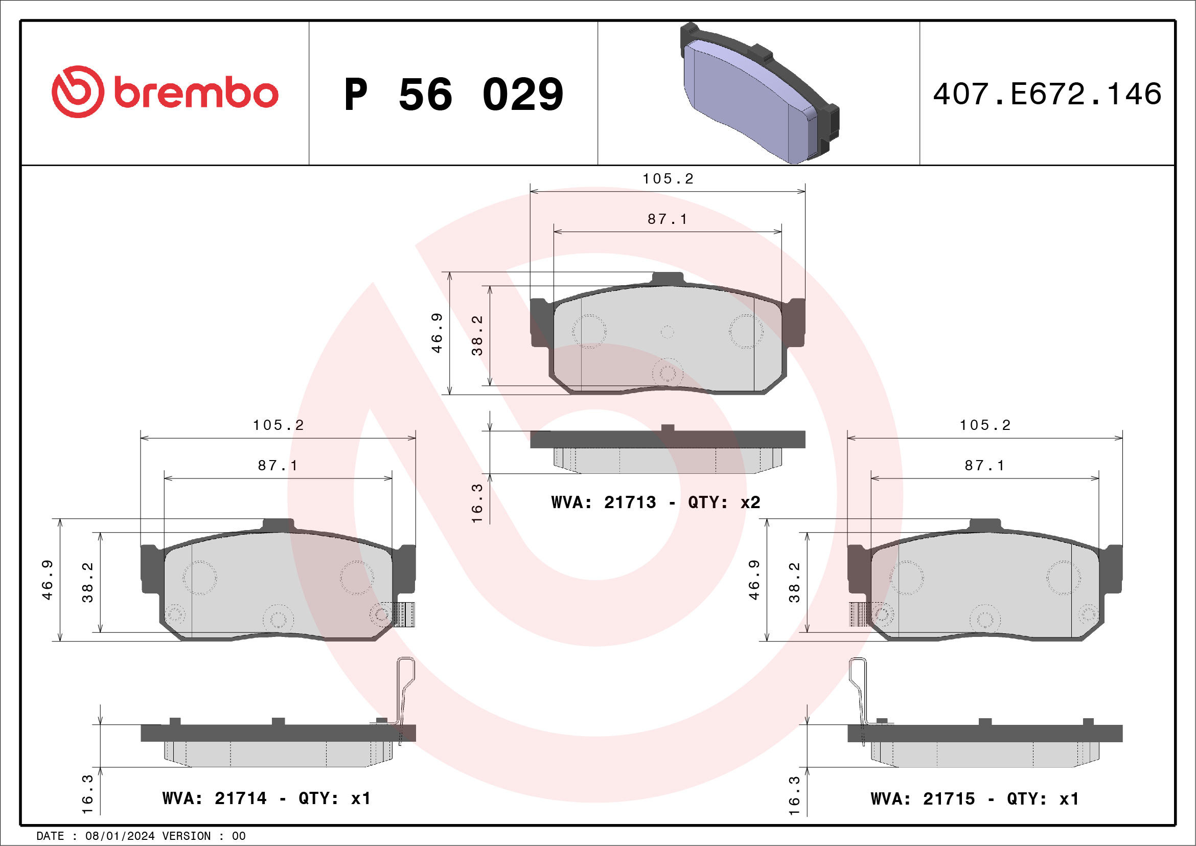 Комплект тормозных колодок, дисковый тормоз - P 56 029 BREMBO