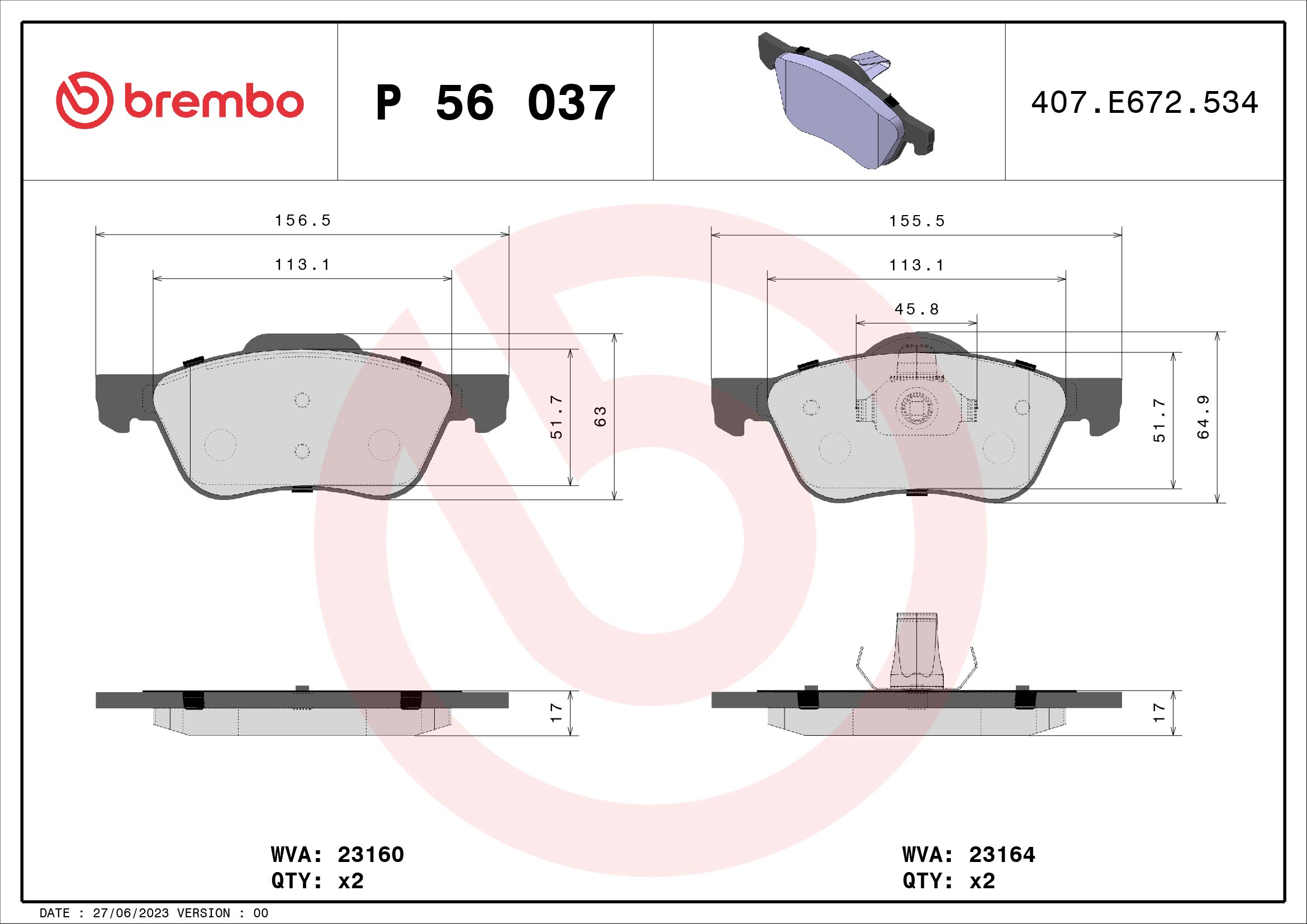 stabdžių trinkelių rinkinys, diskinis stabdys - P 56 037 BREMBO