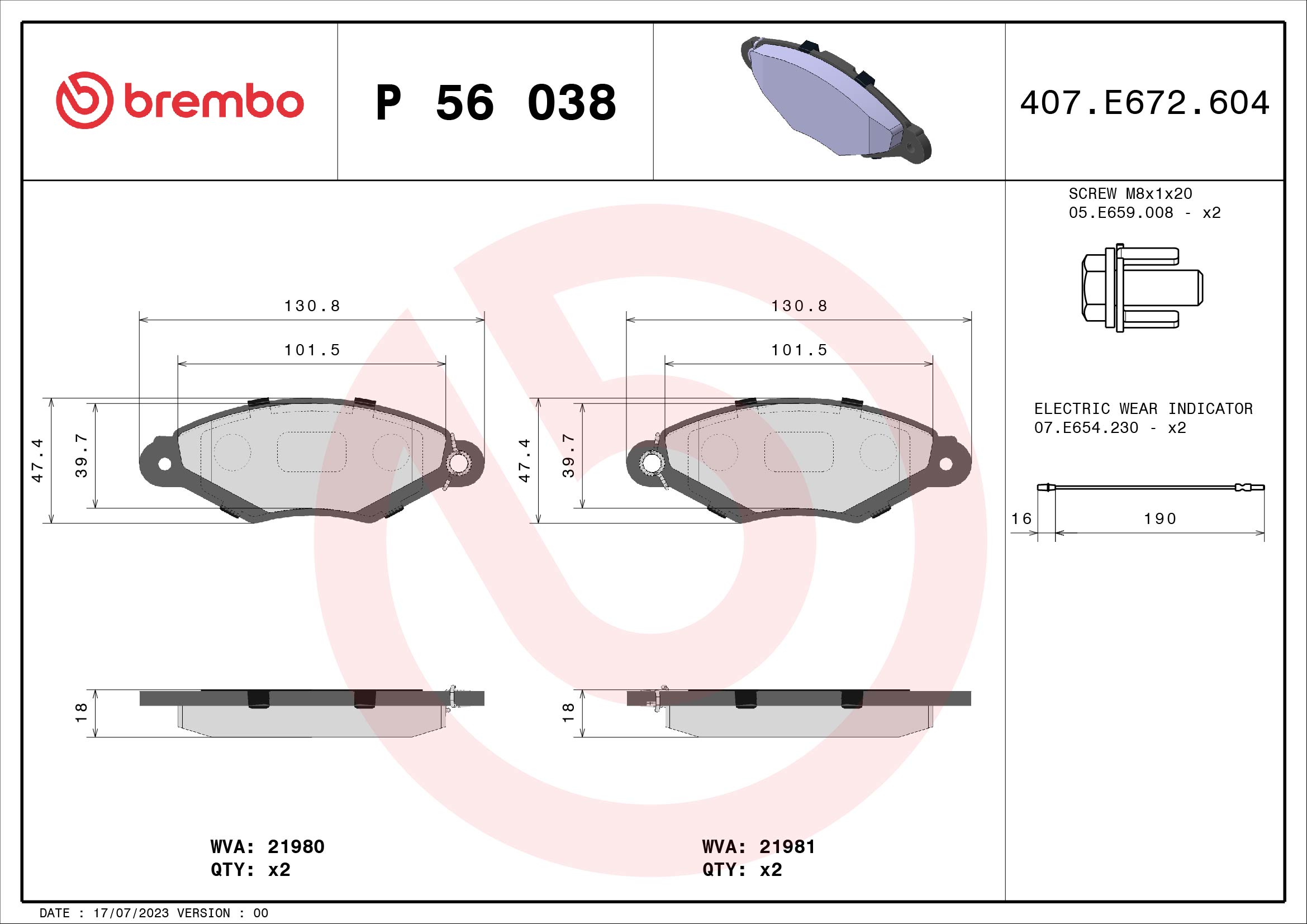 Brake Pad Set, disc brake - P 56 038 BREMBO