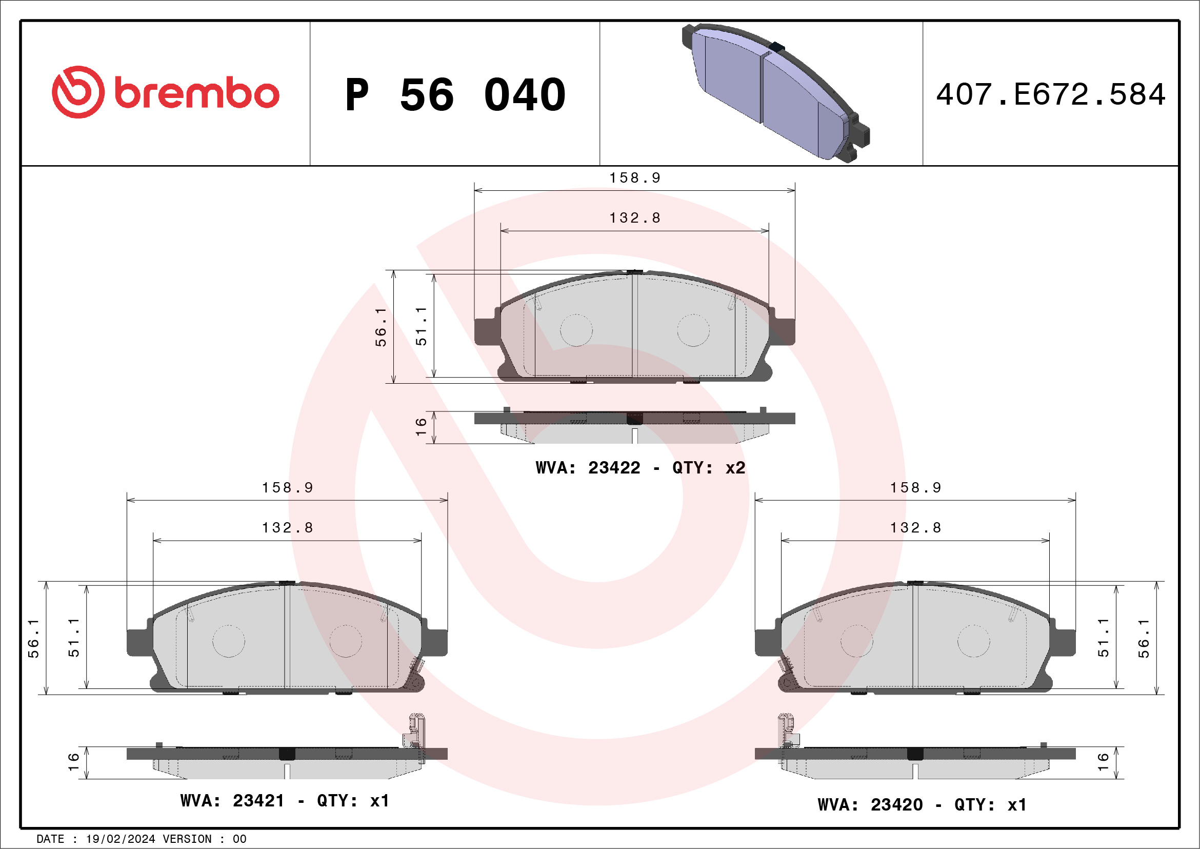 Brake Pad Set, disc brake - P 56 040 BREMBO
