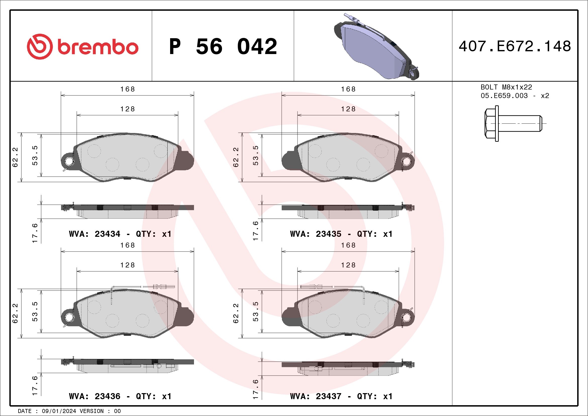 Kit pastiglie freno, Freno a disco - P 56 042 BREMBO