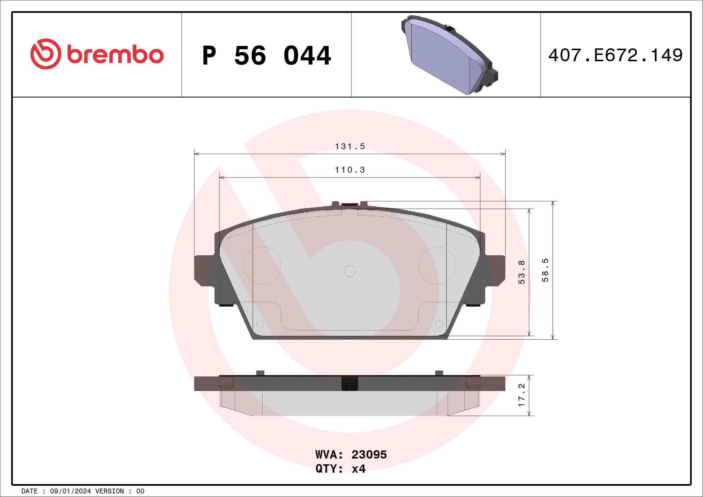 Brake Pad Set, disc brake - P 56 044 BREMBO