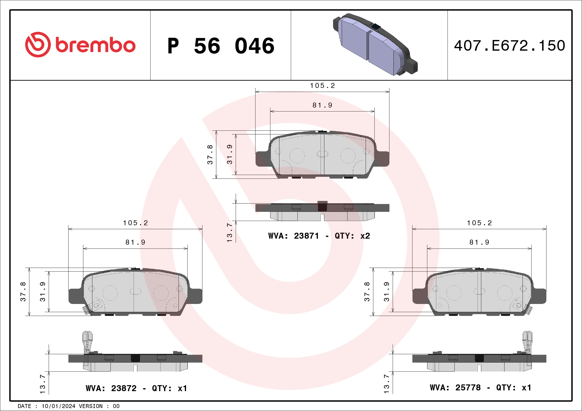 Brake Pad Set, disc brake - P 56 046 BREMBO