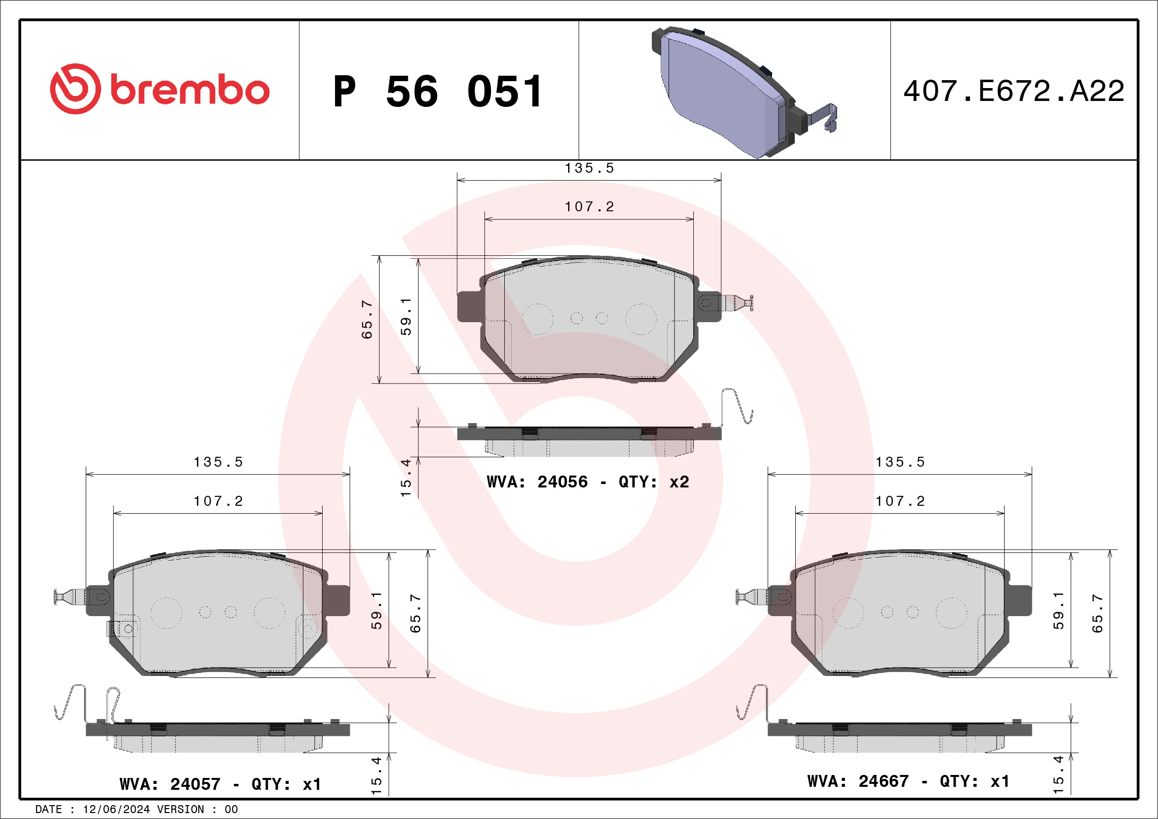Brake Pad Set, disc brake - P 56 051 BREMBO