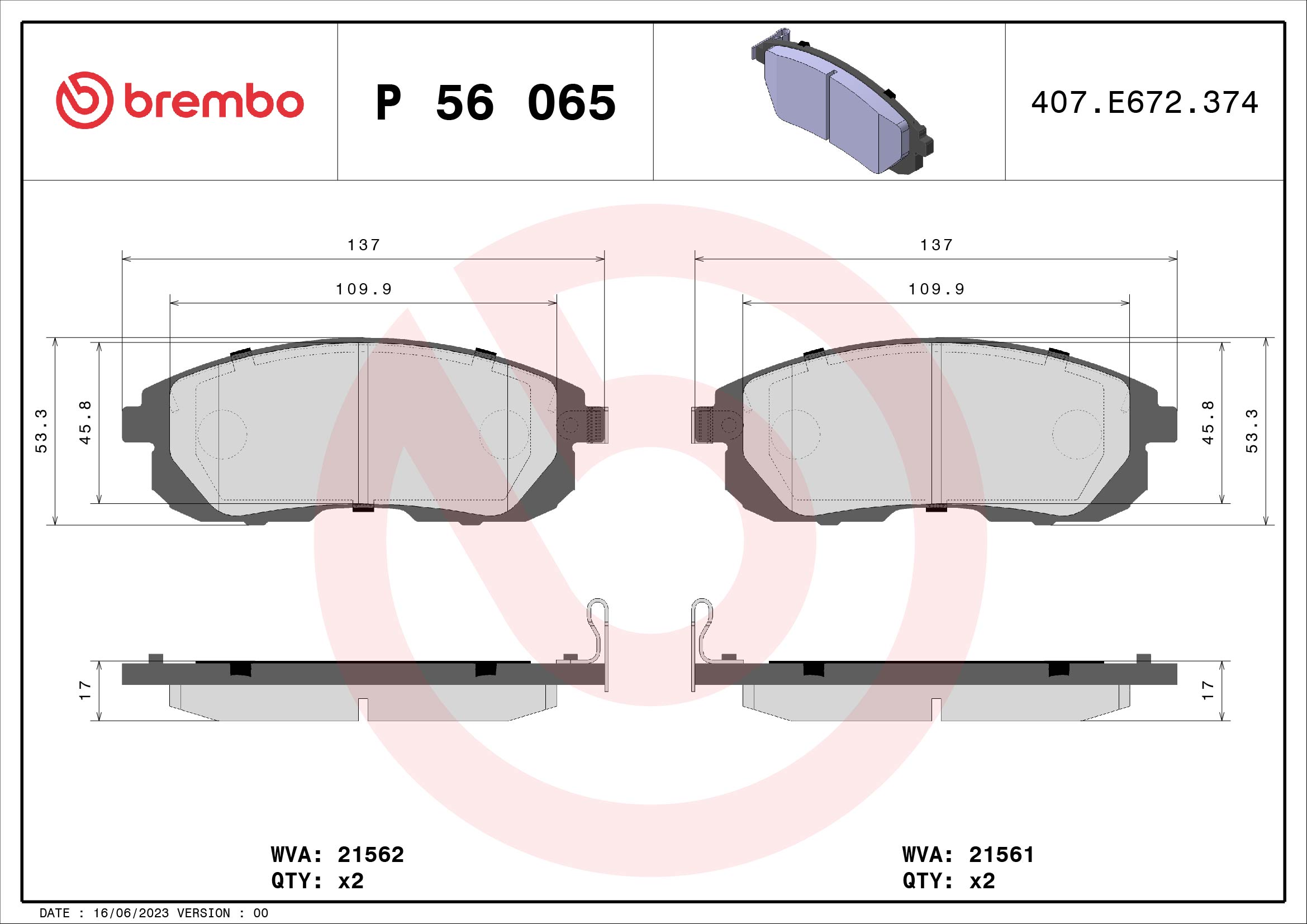 Brake Pad Set, disc brake - P 56 065 BREMBO