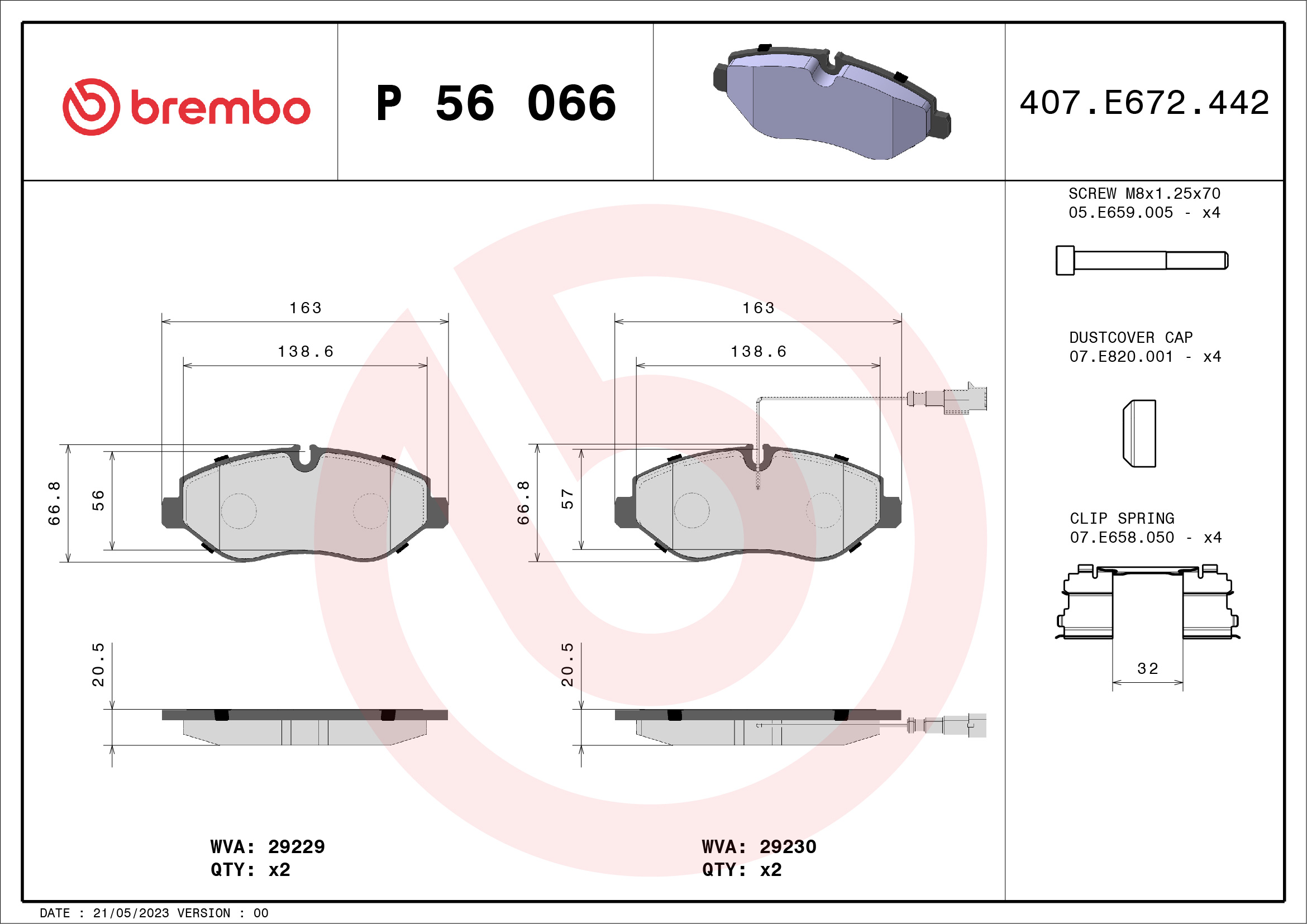 stabdžių trinkelių rinkinys, diskinis stabdys - P 56 066 BREMBO