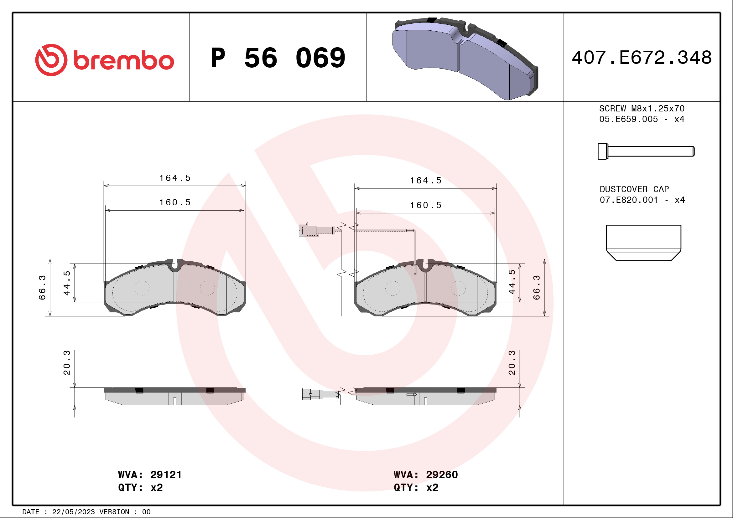stabdžių trinkelių rinkinys, diskinis stabdys - P 56 069 BREMBO
