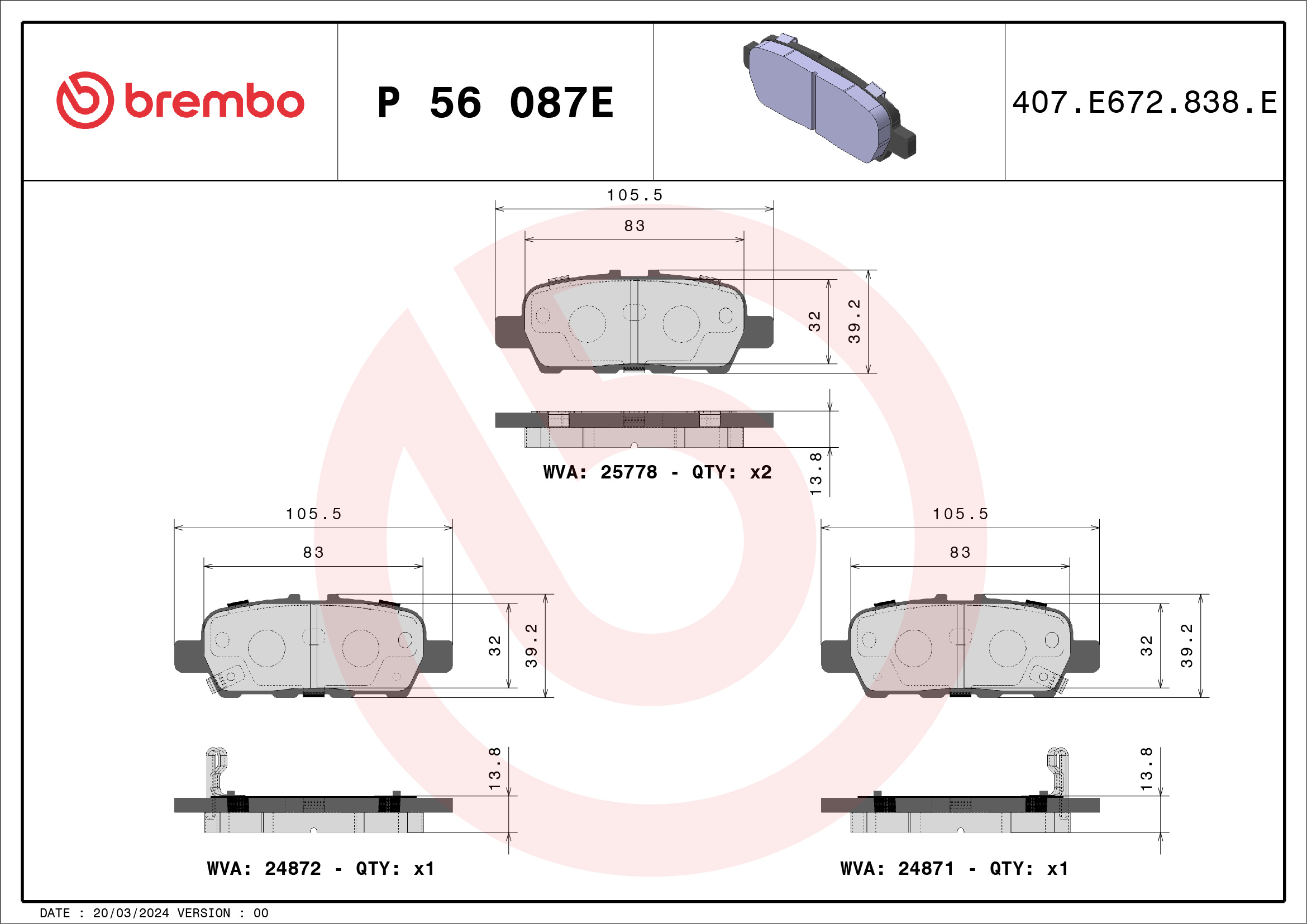Brake Pad Set, disc brake - P 56 087E BREMBO