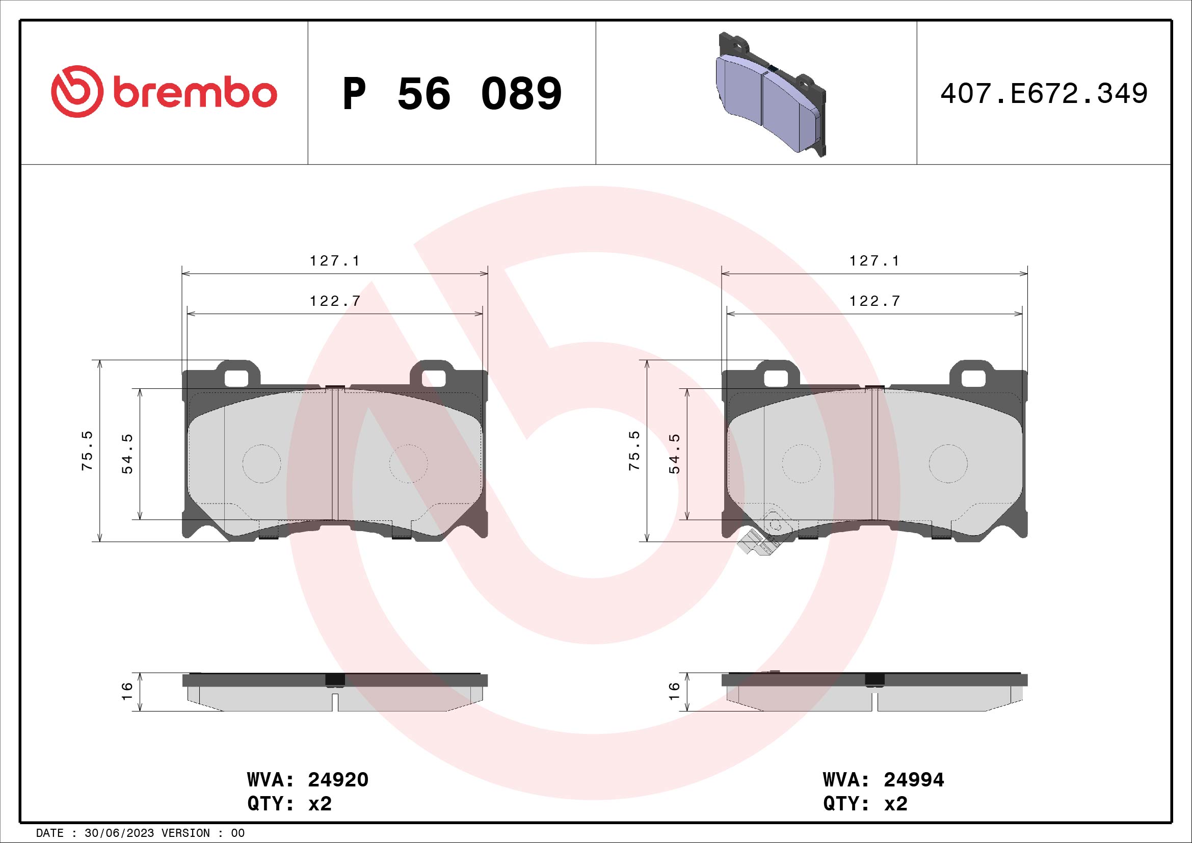 Brake Pad Set, disc brake - P 56 089 BREMBO