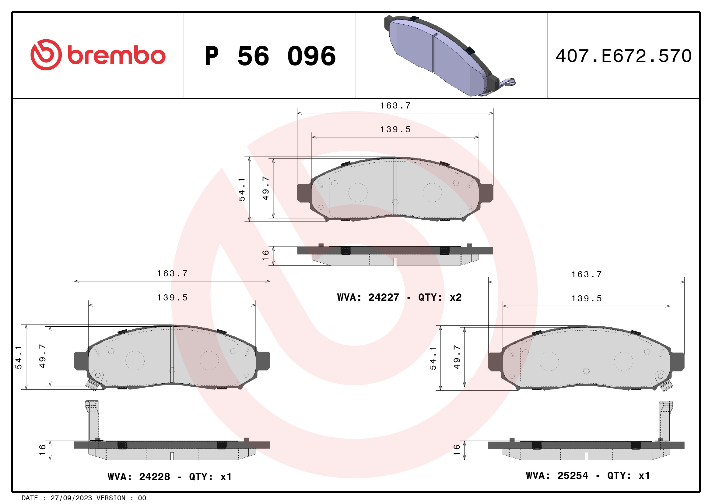 Brake Pad Set, disc brake - P 56 096 BREMBO