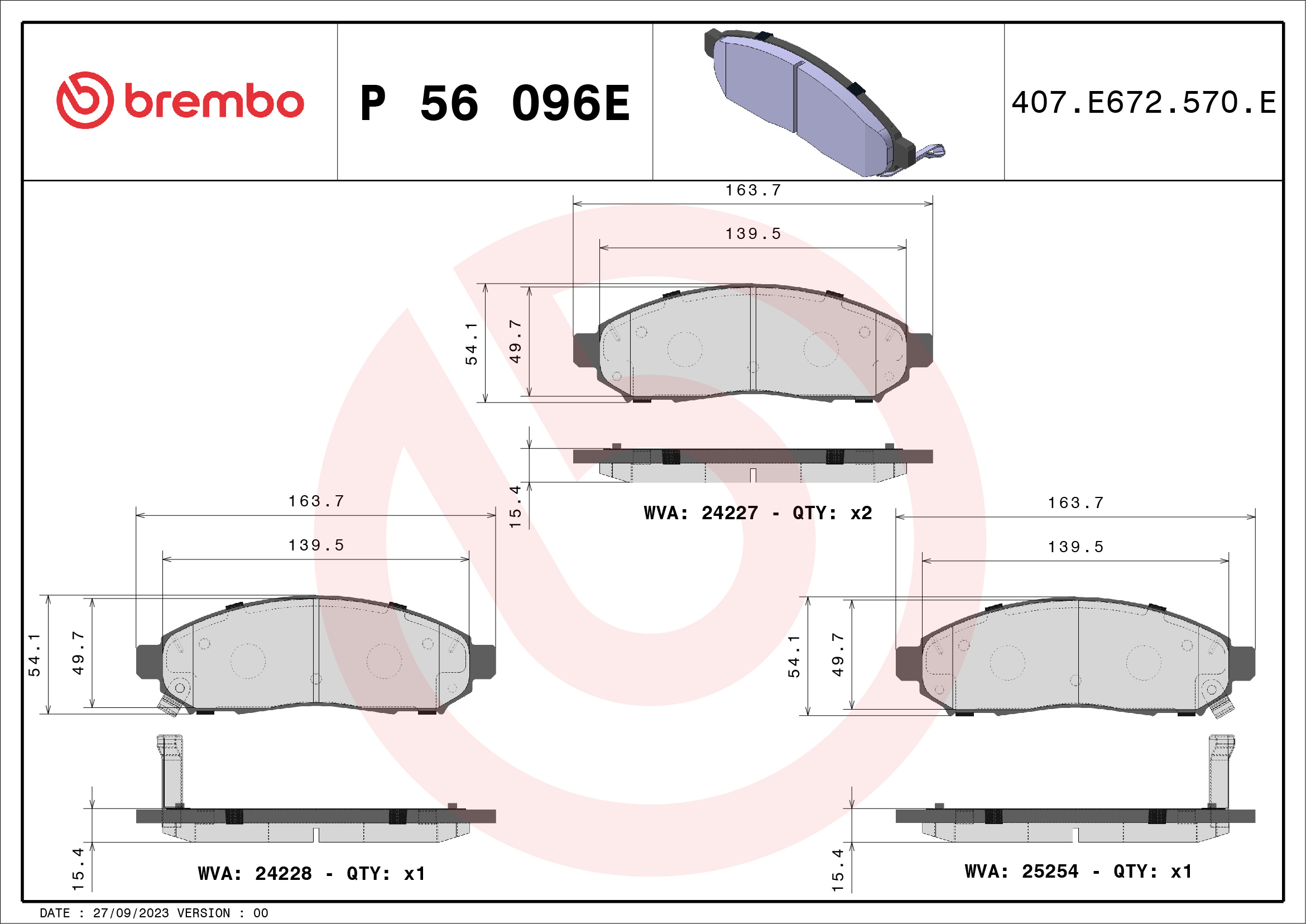 Brake Pad Set, disc brake - P 56 096E BREMBO