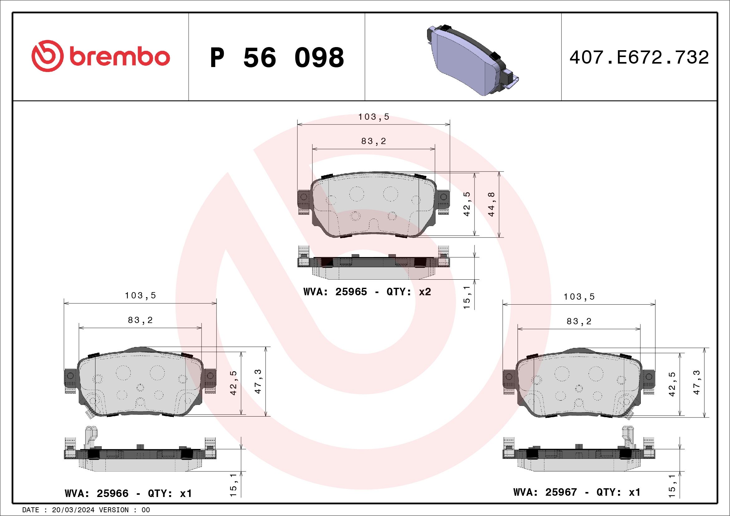 Kit pastiglie freno, Freno a disco - P 56 098 BREMBO