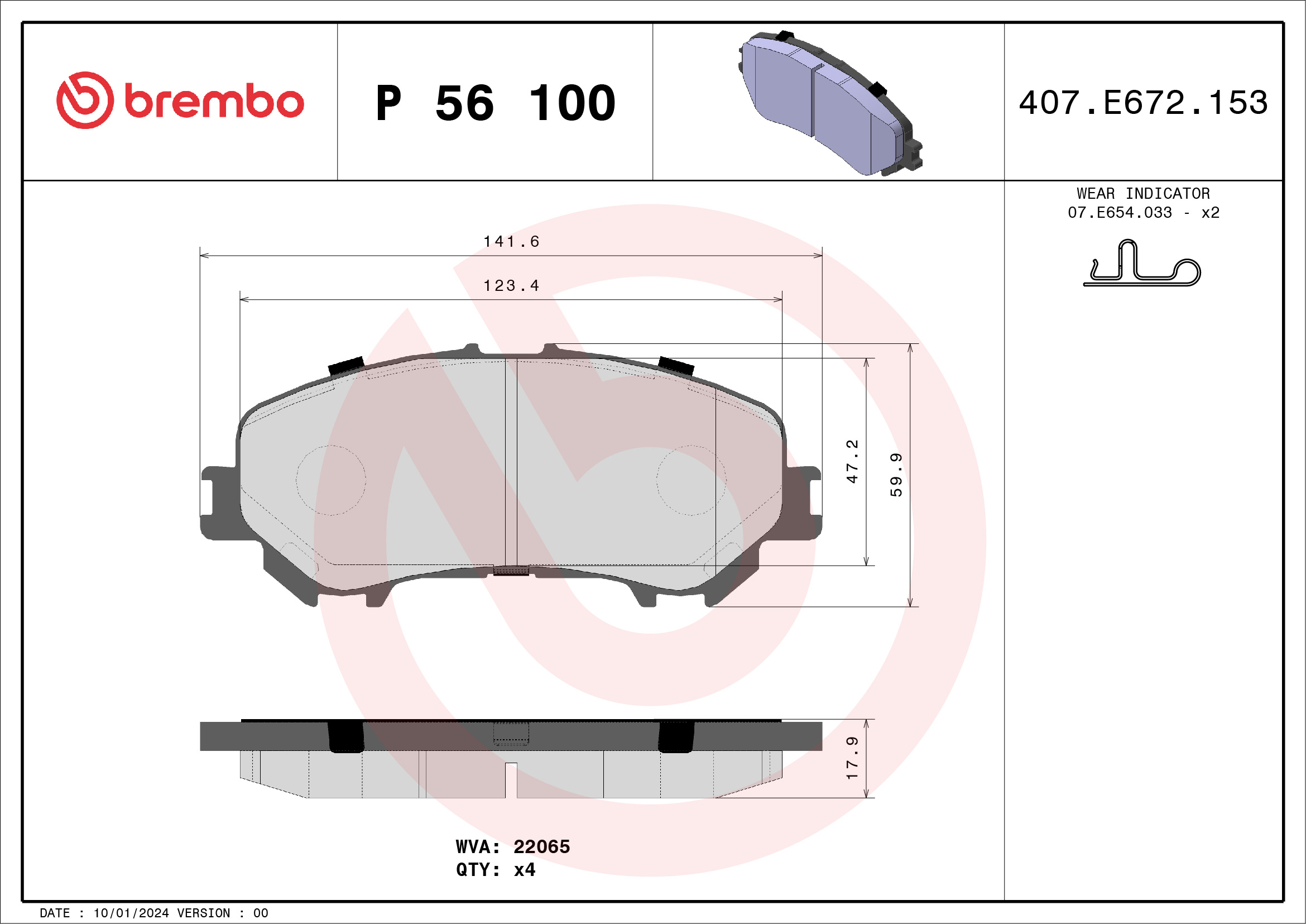 Kit pastiglie freno, Freno a disco - P 56 100 BREMBO
