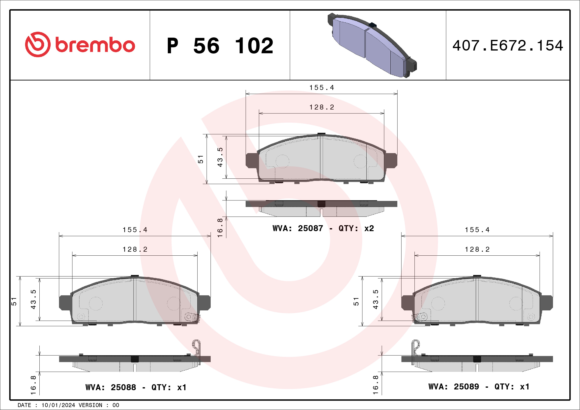 Kit pastiglie freno, Freno a disco - P 56 102 BREMBO